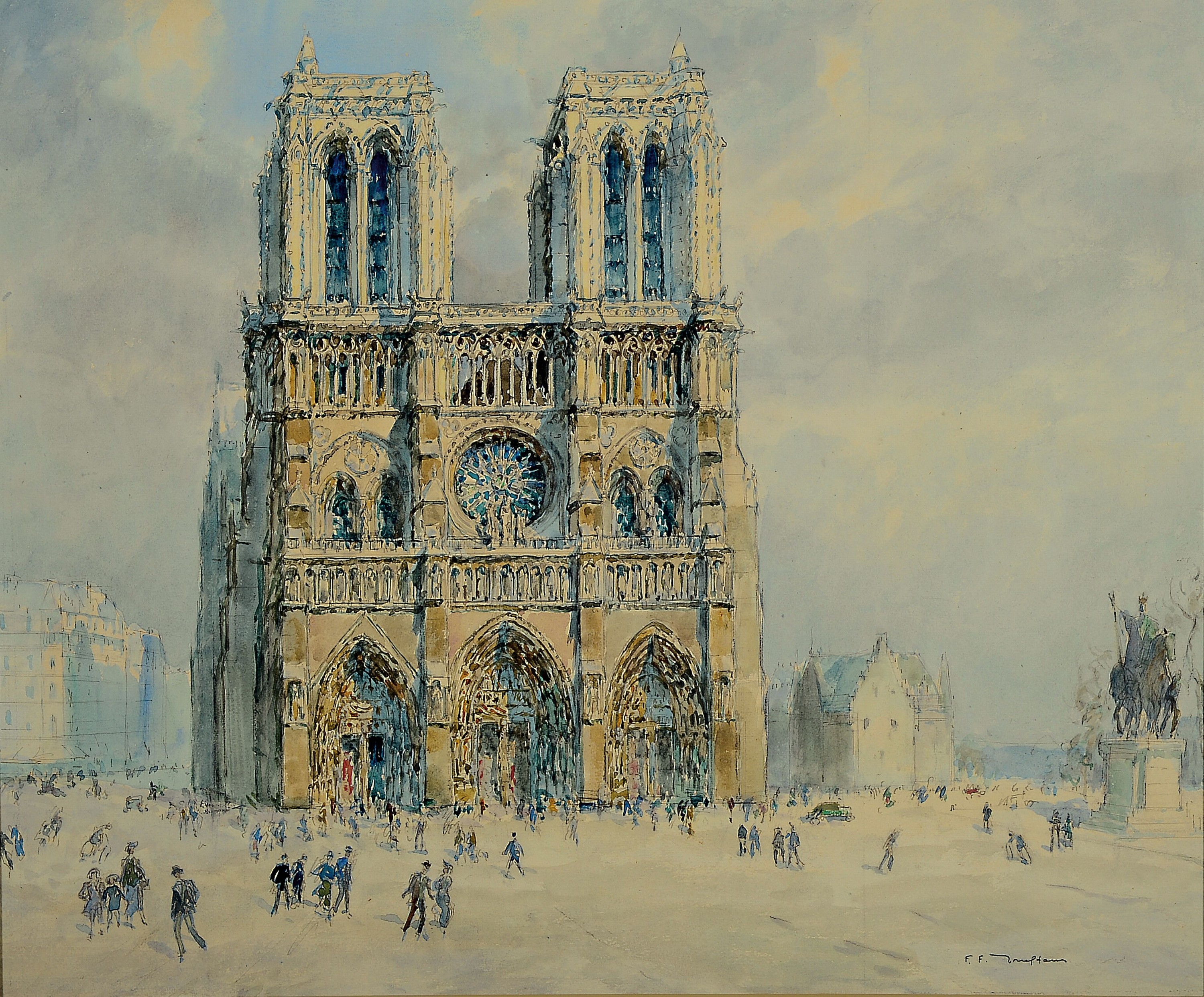 Detail b: Fernand Fortune Truffant, 1866 - 1955, zwei Aquarelle, Ansichten der Kathedrale Notre-Dame de Paris, Vorder und Seitenansicht, zwei Pendants, beide ...