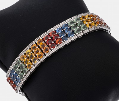Image Saphir-Armband, Silber, 134 ovalfacett. Saphire in Blau, Grün, Gelb und Orange ...