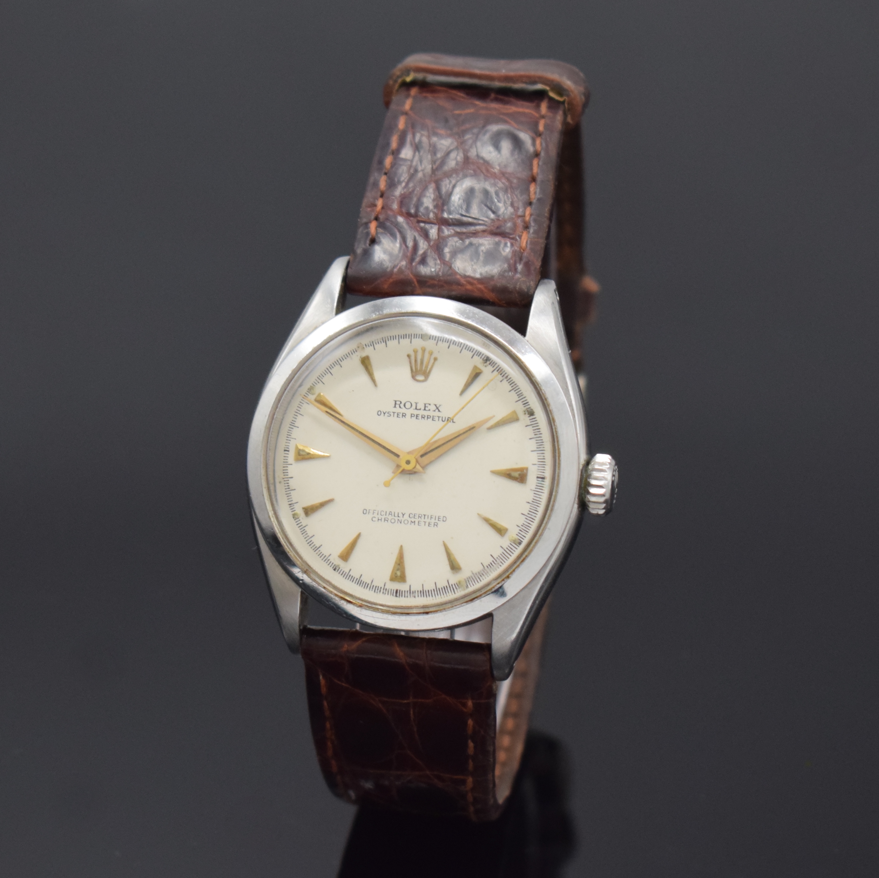 ROLEX Oyster Perpetual Referenz 6284 Armbanduhr in Stahl, Schweiz um 1953, Automatik, verschr. Oystergeh., verschr. orig. Krone, silb. Zifferbl. ...