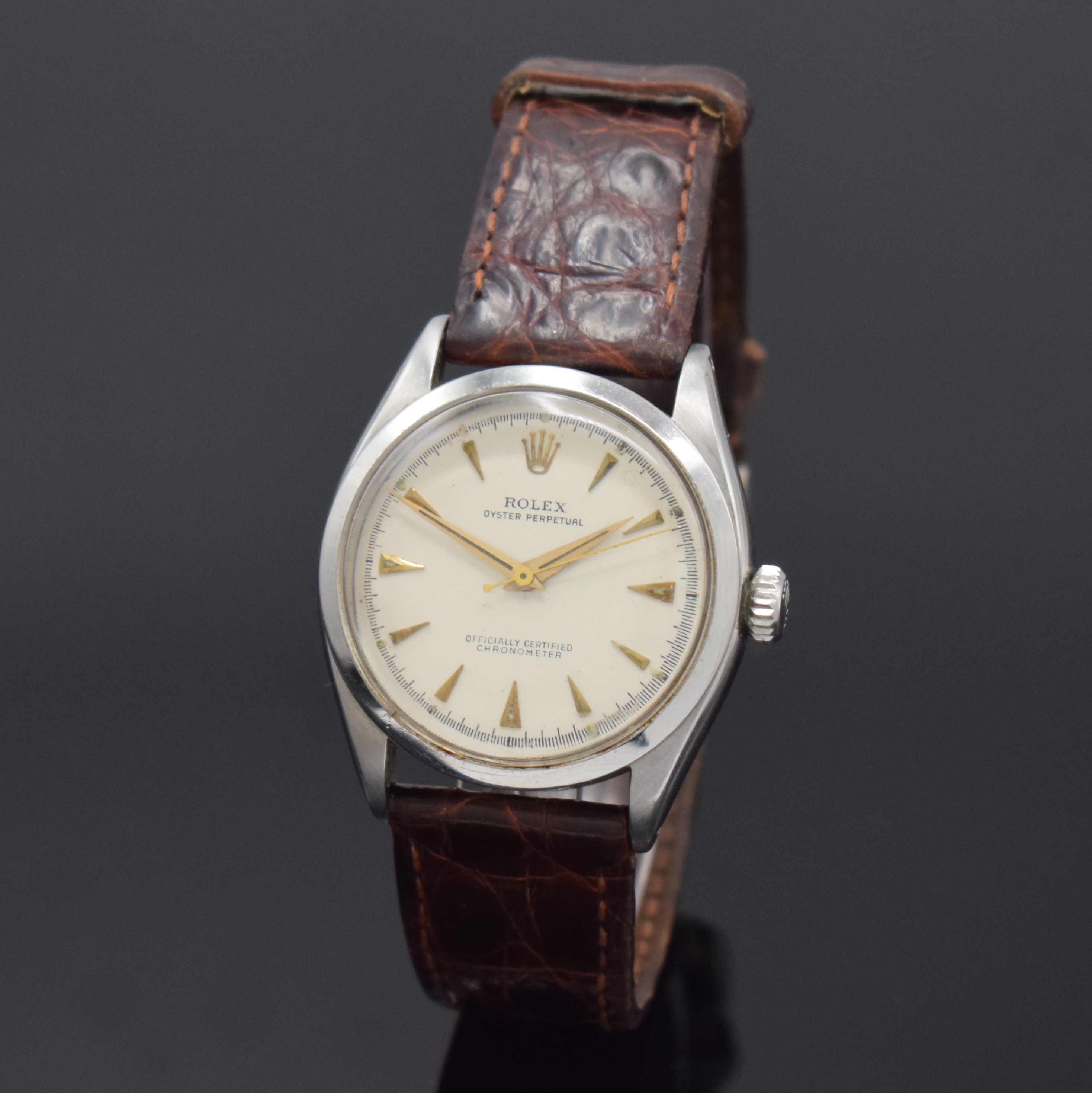 Detail a: ROLEX Oyster Perpetual Referenz 6284 Armbanduhr in Stahl, Schweiz um 1953, Automatik, verschr. Oystergeh., verschr. orig. Krone, silb. Zifferbl. ...