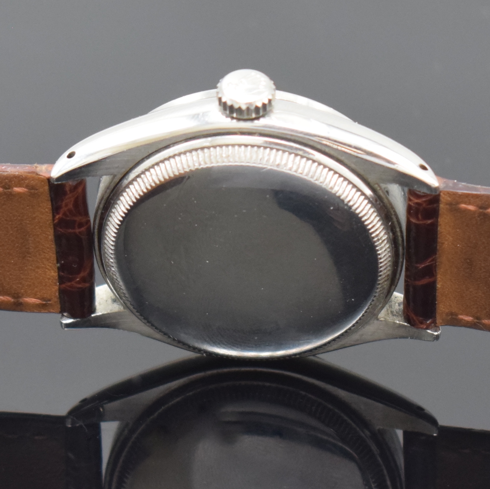 Detail f: ROLEX Oyster Perpetual Referenz 6284 Armbanduhr in Stahl, Schweiz um 1953, Automatik, verschr. Oystergeh., verschr. orig. Krone, silb. Zifferbl. ...