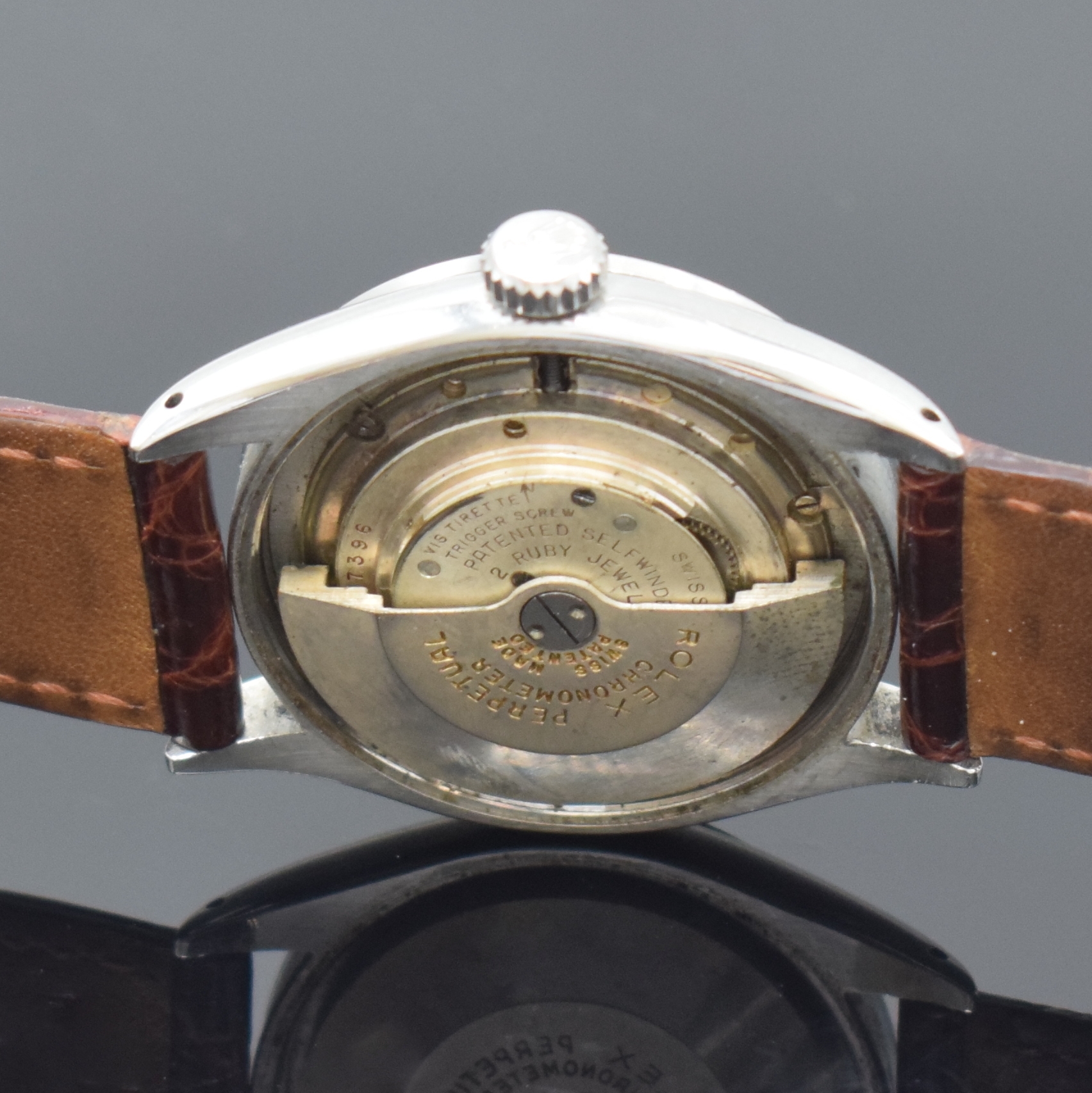 Detail g: ROLEX Oyster Perpetual Referenz 6284 Armbanduhr in Stahl, Schweiz um 1953, Automatik, verschr. Oystergeh., verschr. orig. Krone, silb. Zifferbl. ...
