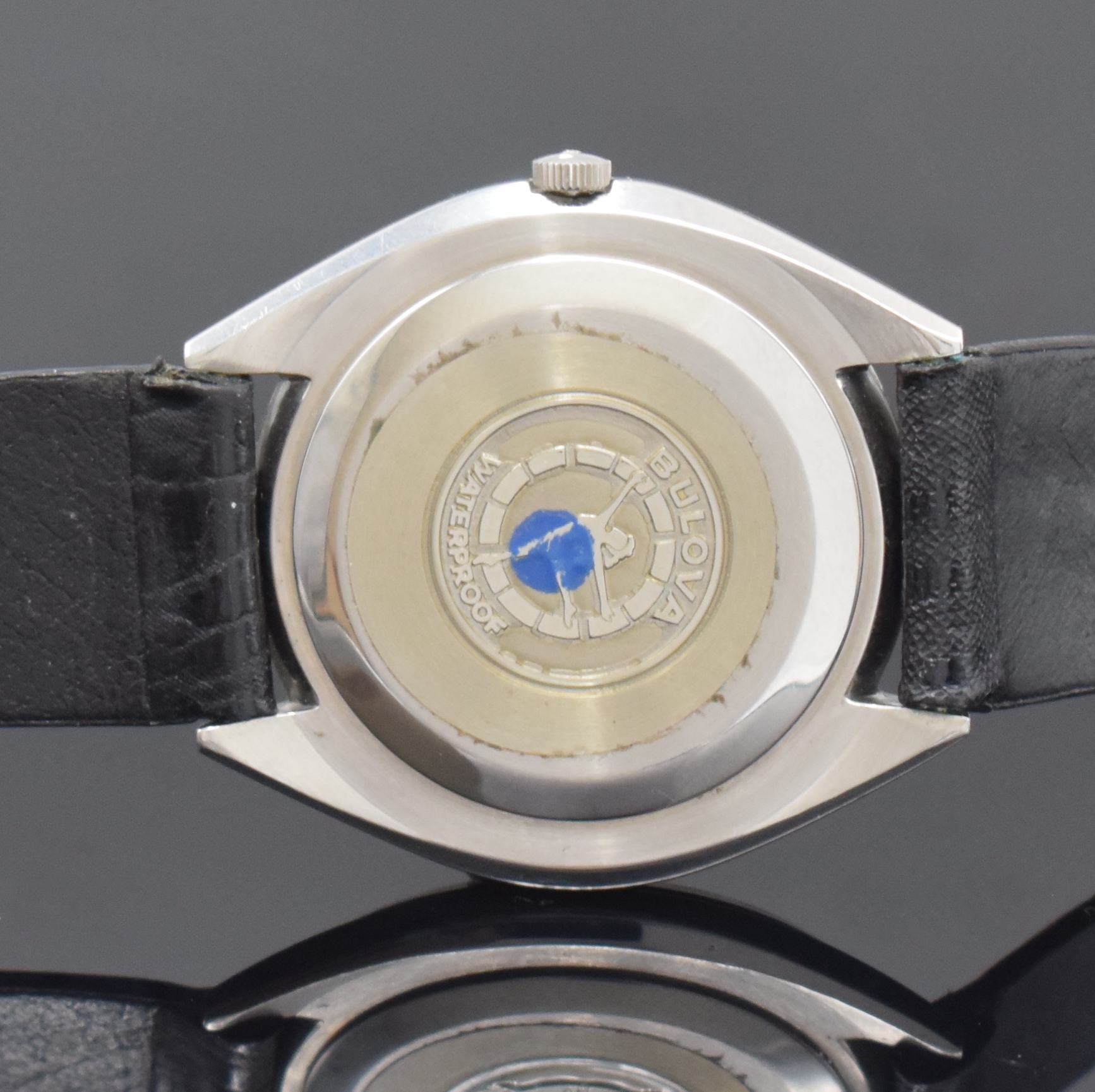 Detail f: BULOVA Ambassador flache Automatik-Armbanduhr in Stahl, Schweiz um 1970, Monocoque-Geh., orig. Krone sowie Lederband m. Stiftschl. in Stahl, silb. ...
