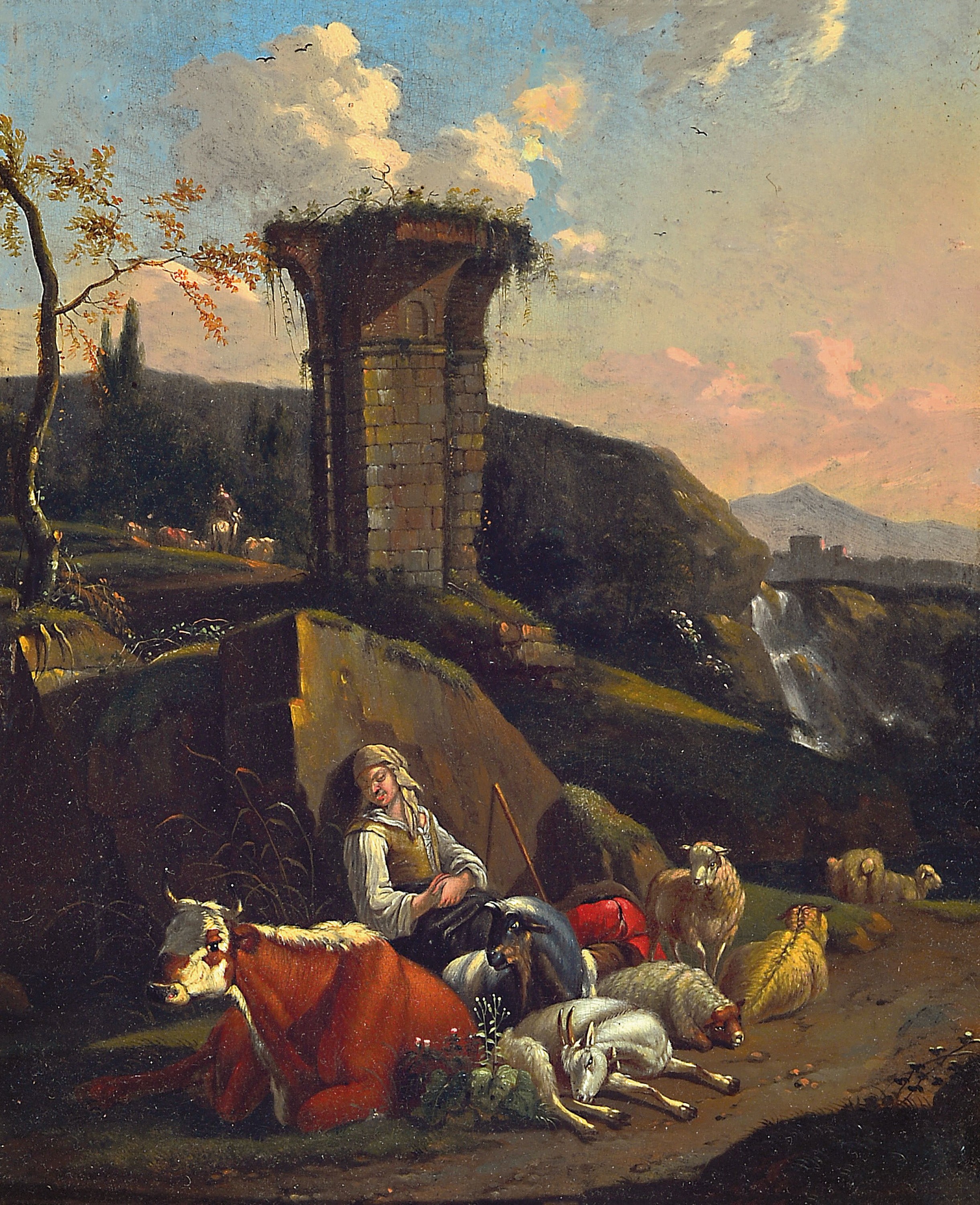 Zuschreibung: Johann Heinrich Roos, 1631 Otterberg/Pfalz-1685 Frankfurt, Südliche Landschaft mit ruhender Hirtin und Viehherde, Öl/Holz, ca. ...
