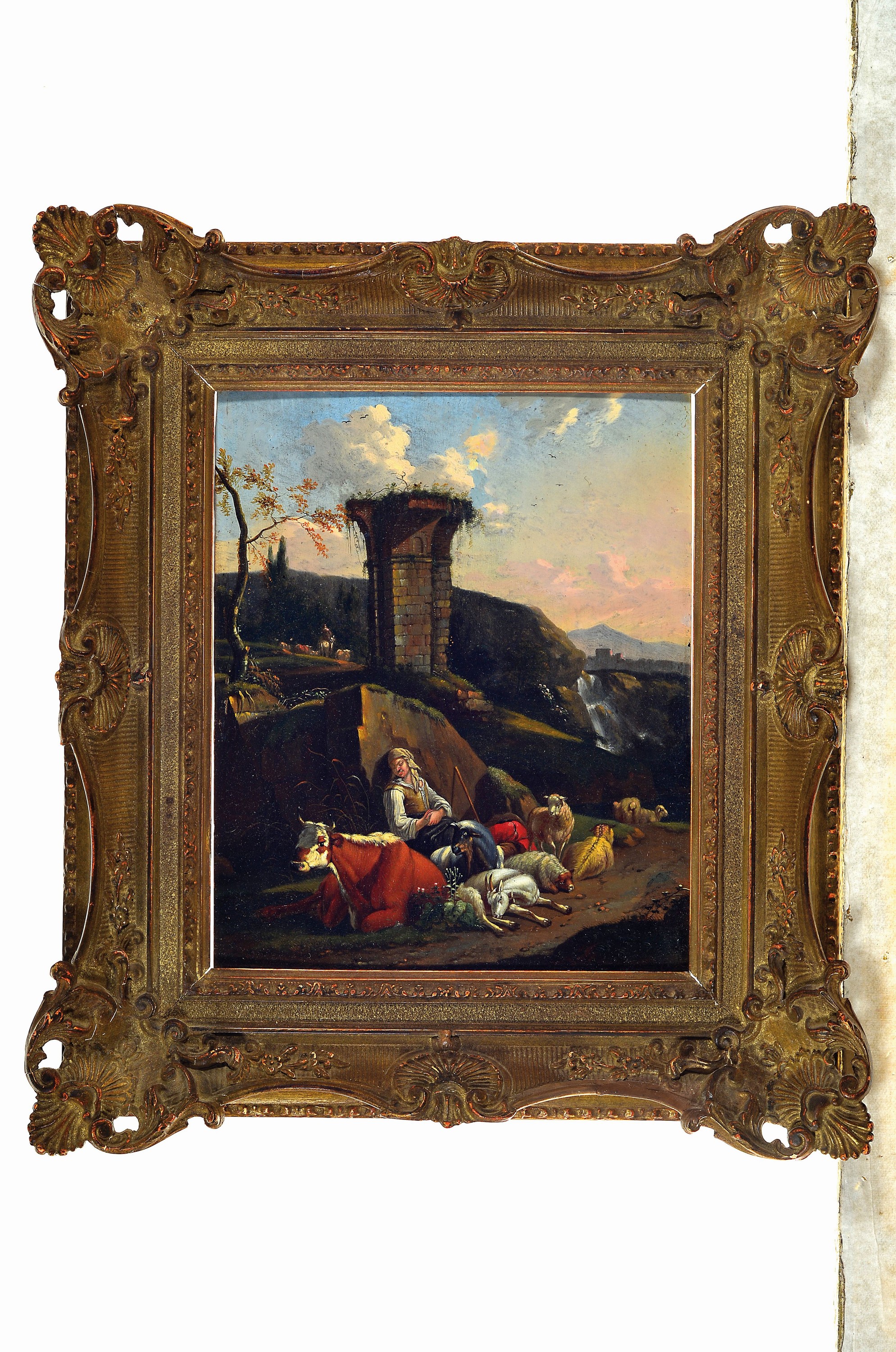 Detail k: Zuschreibung: Johann Heinrich Roos, 1631 Otterberg/Pfalz-1685 Frankfurt, Südliche Landschaft mit ruhender Hirtin und Viehherde, Öl/Holz, ca. ...
