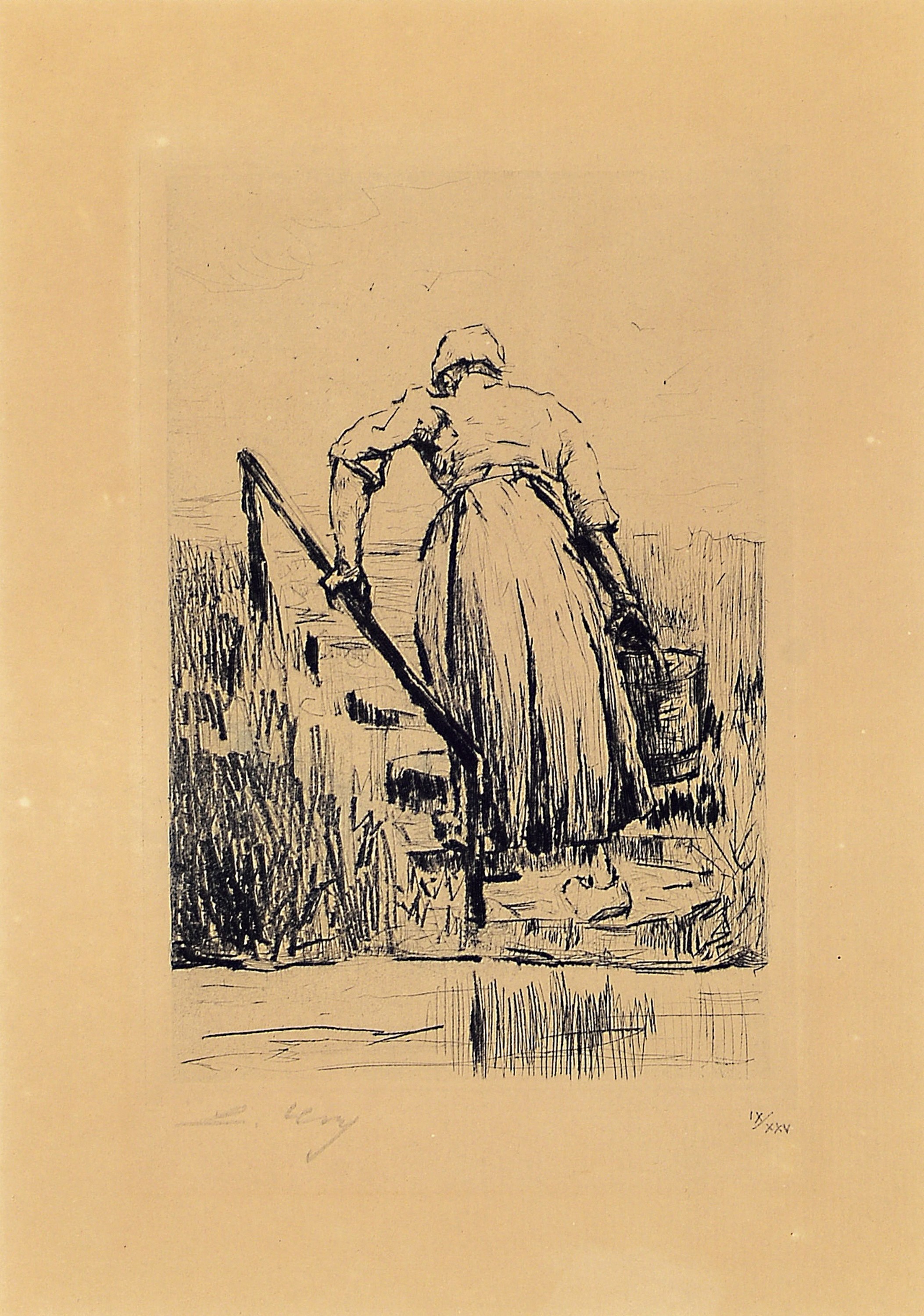 Lesser Ury, 1861-1931, Wassertragende Bäuerin, Radierung, Papier mit Wasserzeichen van Gelder Zonen, li. u. sign., re. u. num. IX/XXV, ca. ...