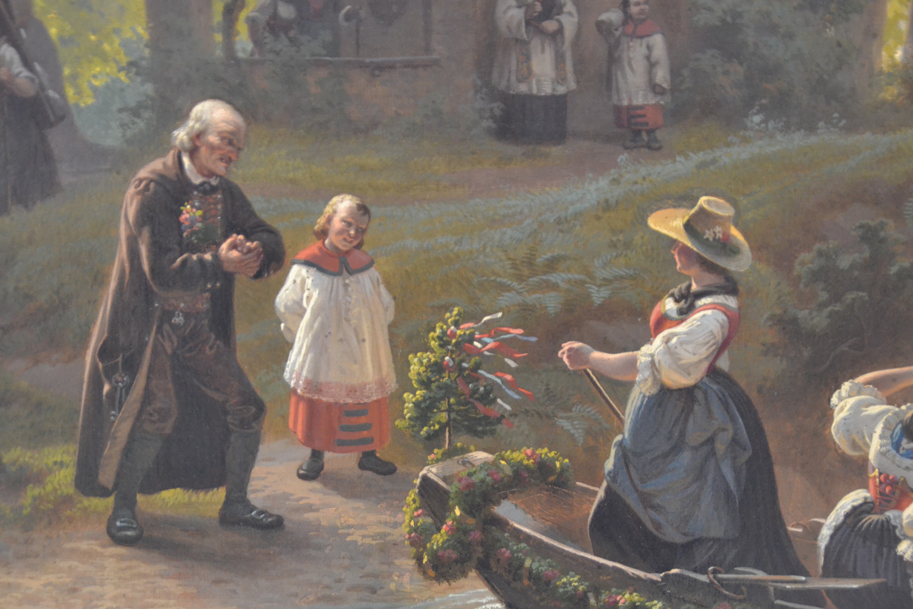 Detail b: Hans Brunner, 1813-1888 München, Genremalerei, oberbayerischer Hochzeitszug zu Schiffe, zwei Ruderboote mit Kapelle, Feiernden und dem Brautpaar ...