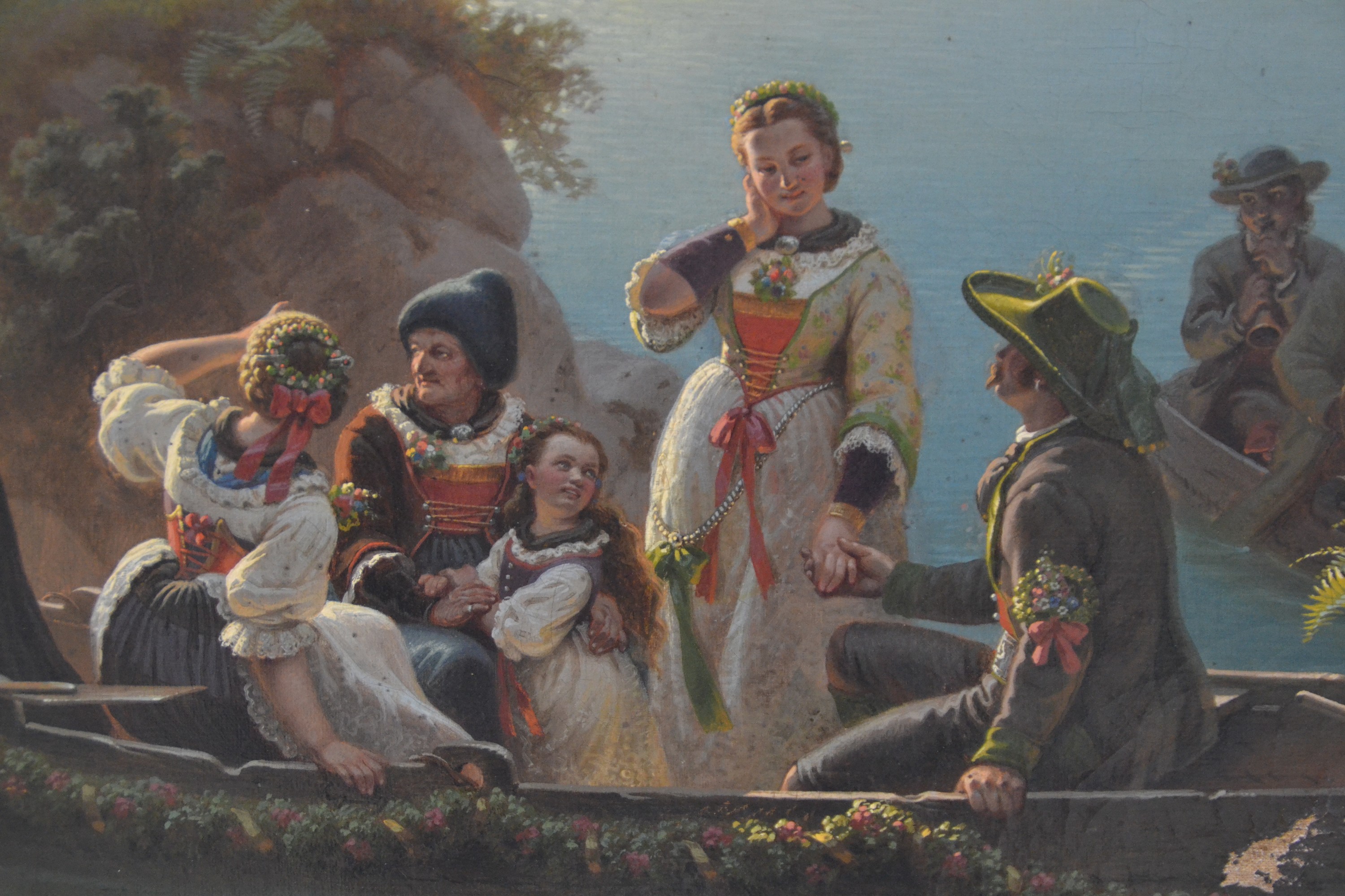 Detail c: Hans Brunner, 1813-1888 München, Genremalerei, oberbayerischer Hochzeitszug zu Schiffe, zwei Ruderboote mit Kapelle, Feiernden und dem Brautpaar ...