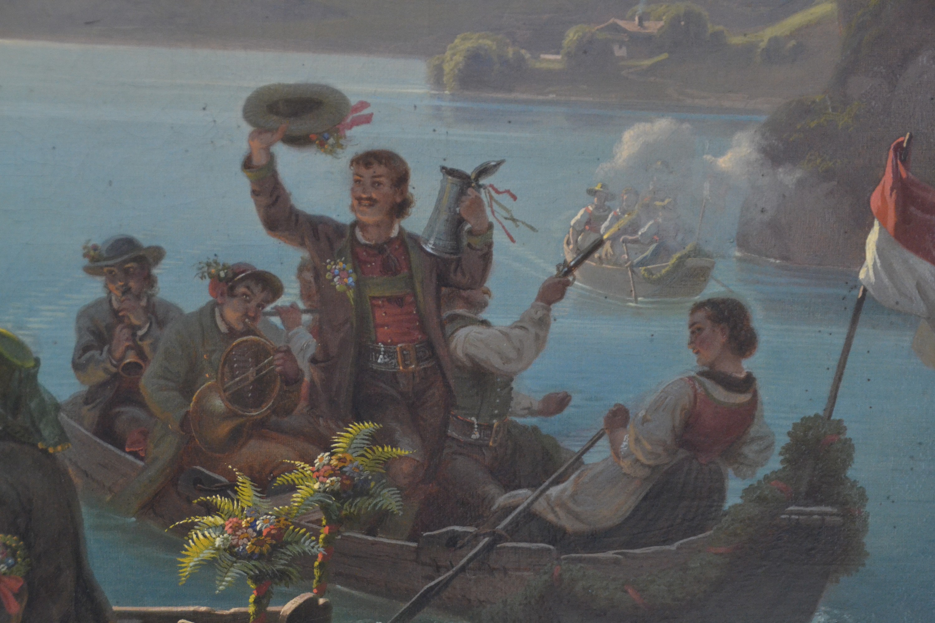 Detail d: Hans Brunner, 1813-1888 München, Genremalerei, oberbayerischer Hochzeitszug zu Schiffe, zwei Ruderboote mit Kapelle, Feiernden und dem Brautpaar ...