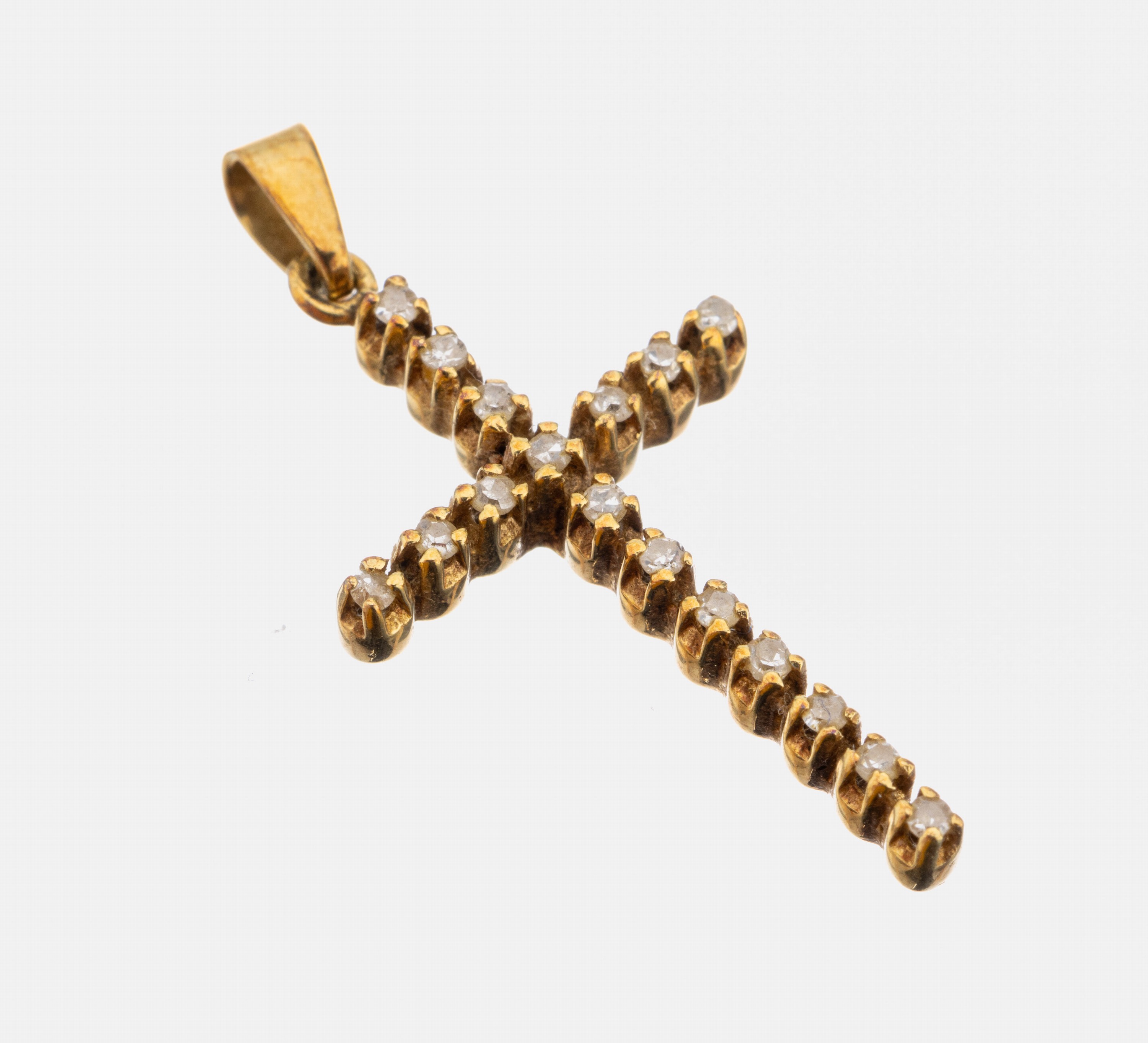 14 kt Gold Diamant-Kreuzanhänger, GG 585/000, 17 8/8-Diamanten zus. ca. 0.085 ct Weiß/p, ca. 1.6 g