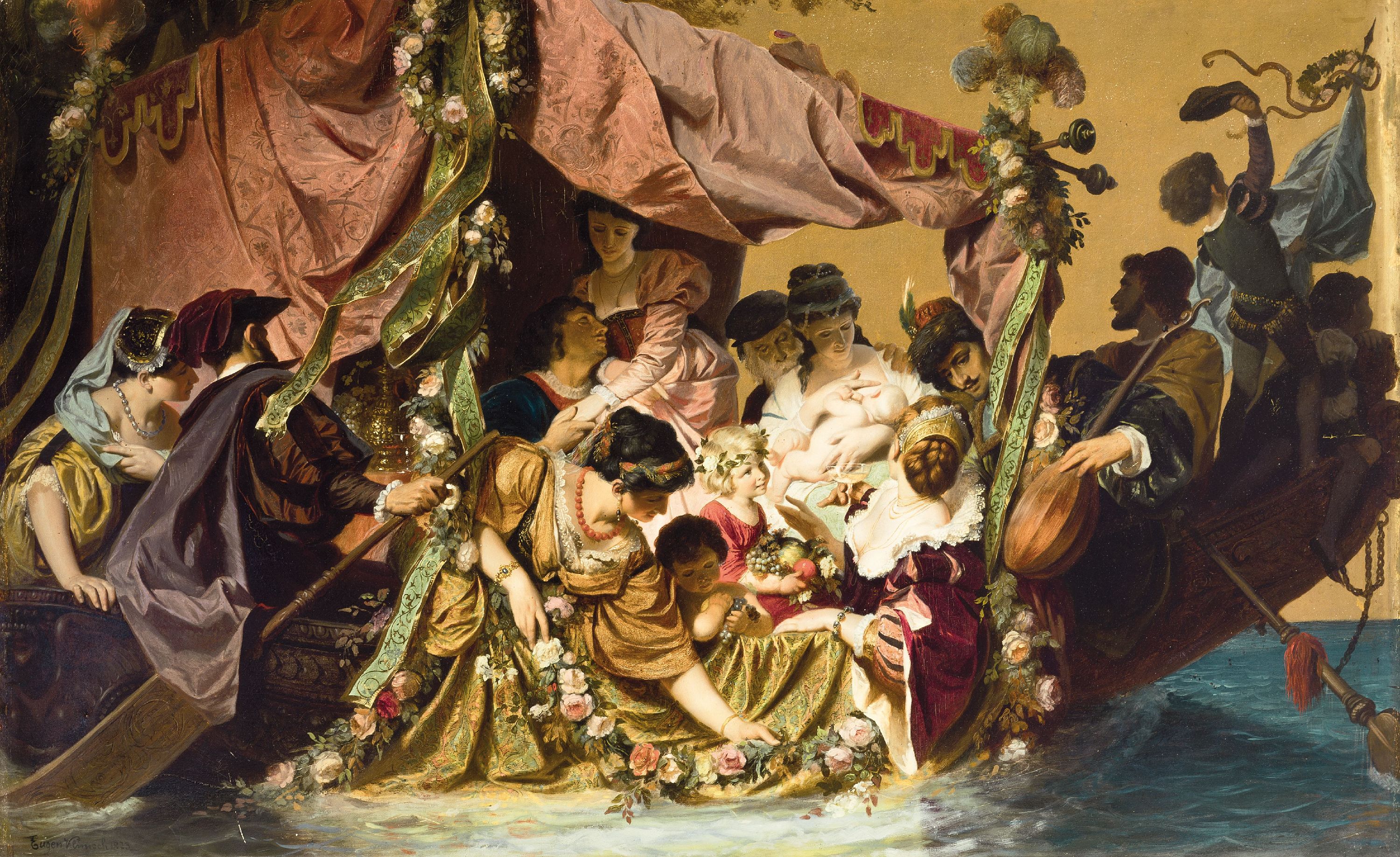 Prof. Eugen Johann Georg Klimsch, 1839-1896 Frankfurt am Main, allegorische Figurengruppe auf Goldgrund, dionysisches Festgelage auf einem Boot, fein ...