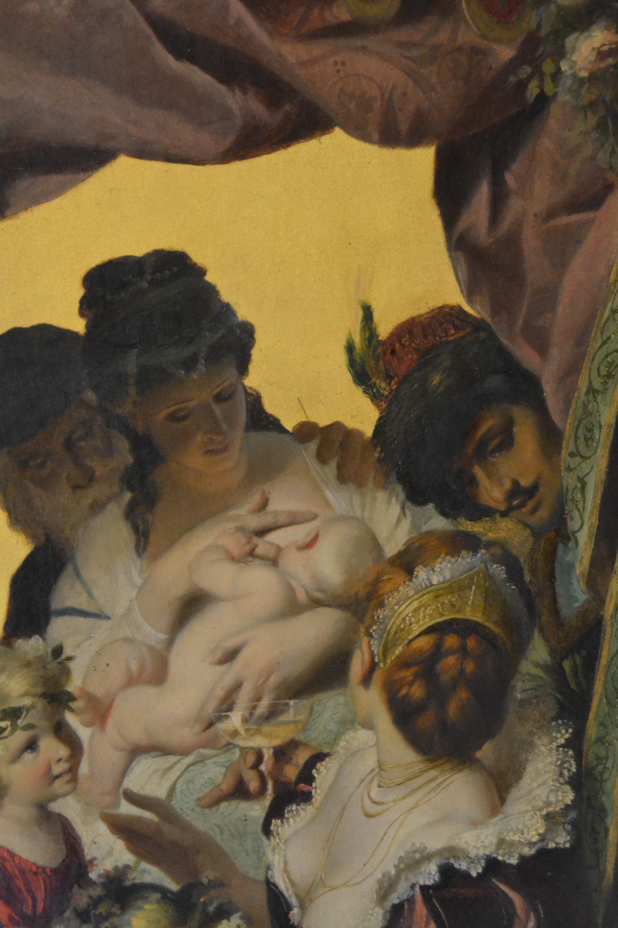 Detail b: Prof. Eugen Johann Georg Klimsch, 1839-1896 Frankfurt am Main, allegorische Figurengruppe auf Goldgrund, dionysisches Festgelage auf einem Boot, fein ...