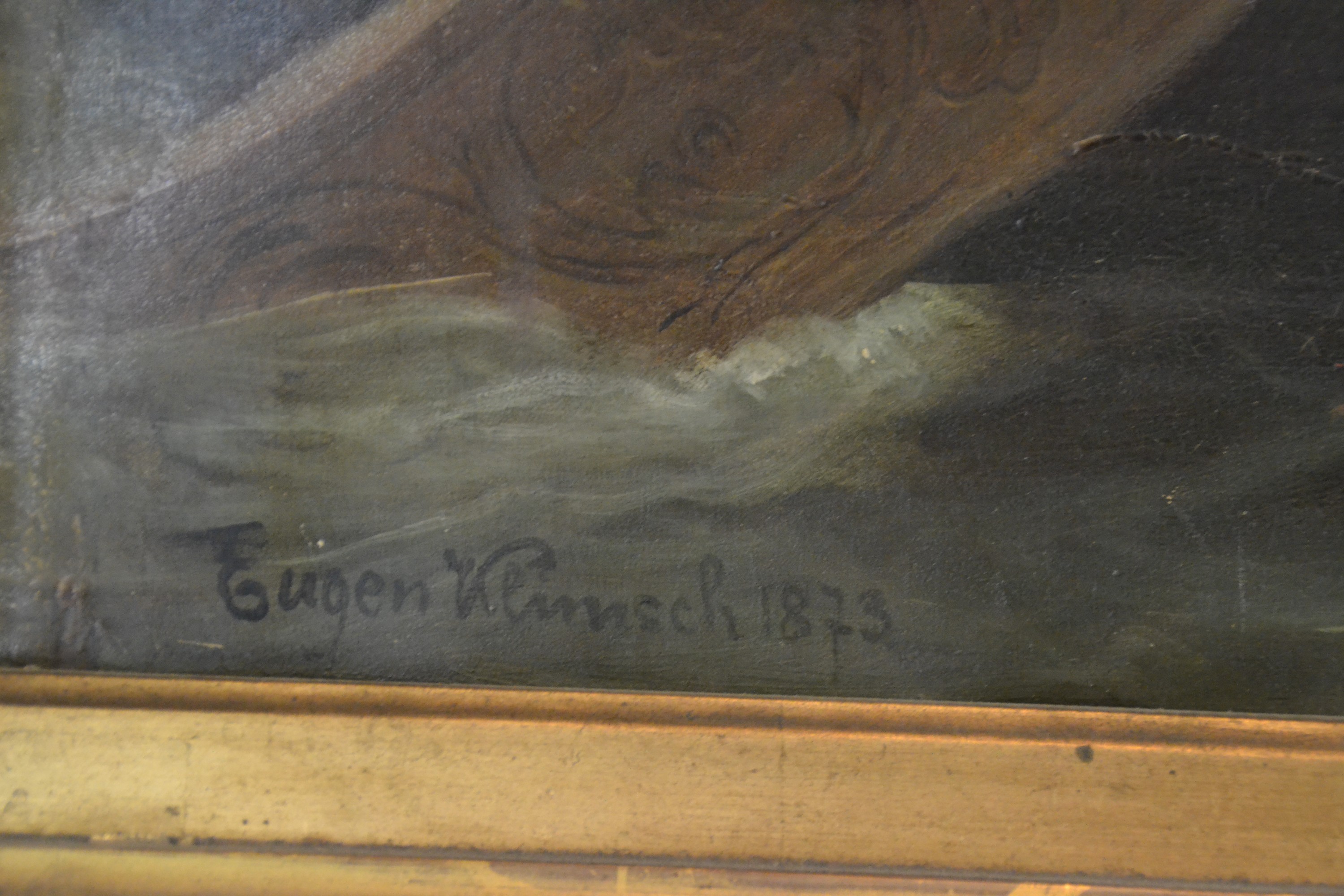 Detail d: Prof. Eugen Johann Georg Klimsch, 1839-1896 Frankfurt am Main, allegorische Figurengruppe auf Goldgrund, dionysisches Festgelage auf einem Boot, fein ...