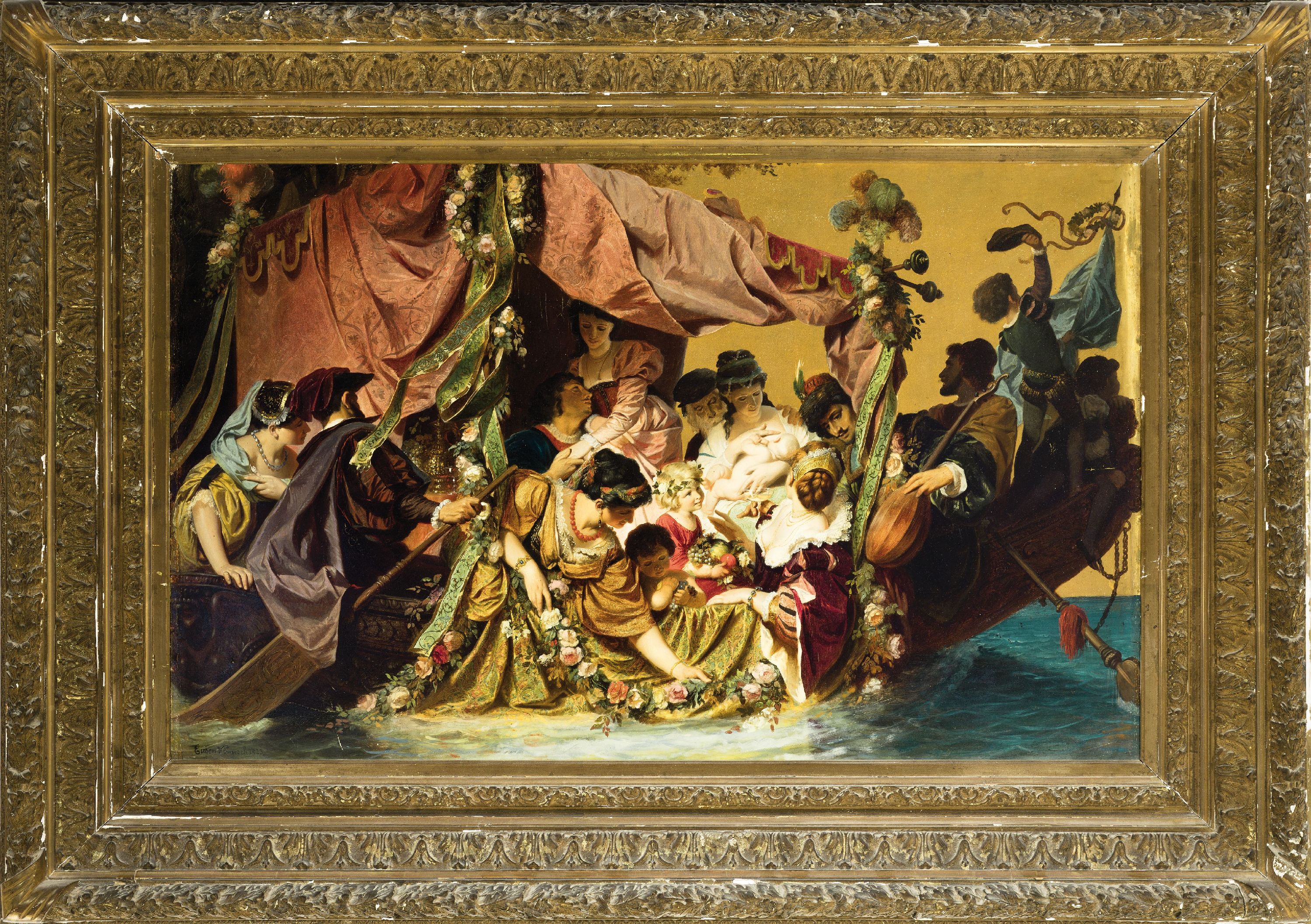 Detail k: Prof. Eugen Johann Georg Klimsch, 1839-1896 Frankfurt am Main, allegorische Figurengruppe auf Goldgrund, dionysisches Festgelage auf einem Boot, fein ...