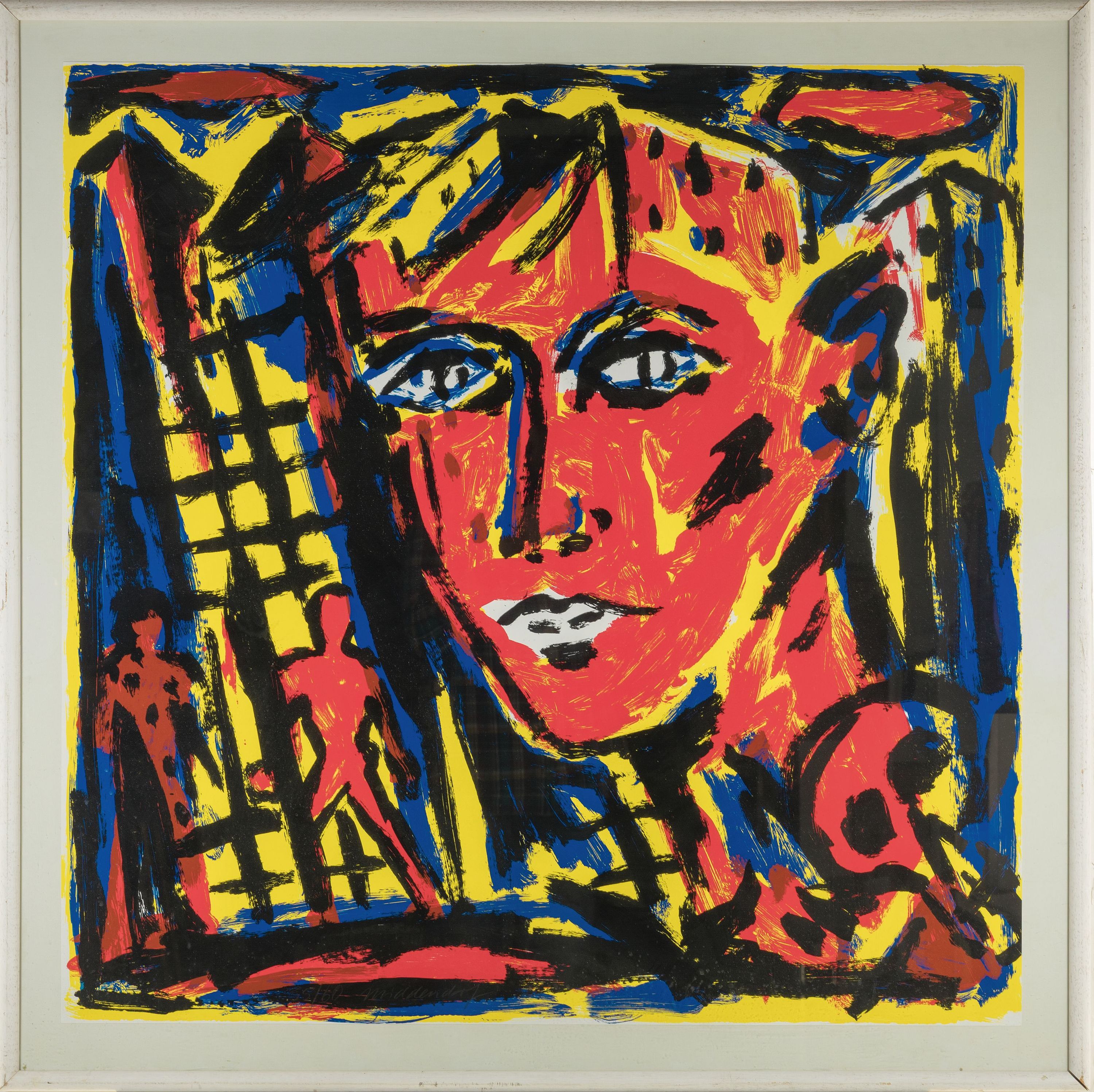 Detail k: Helmut Middendorf, geb. 1953 Dinklage, Siebdruck, Ed. 35/60, ohne Titel, weibliches en face-Bildnis, Blatt 100x100 cm, unter Glas gerahmt 115x115 cm