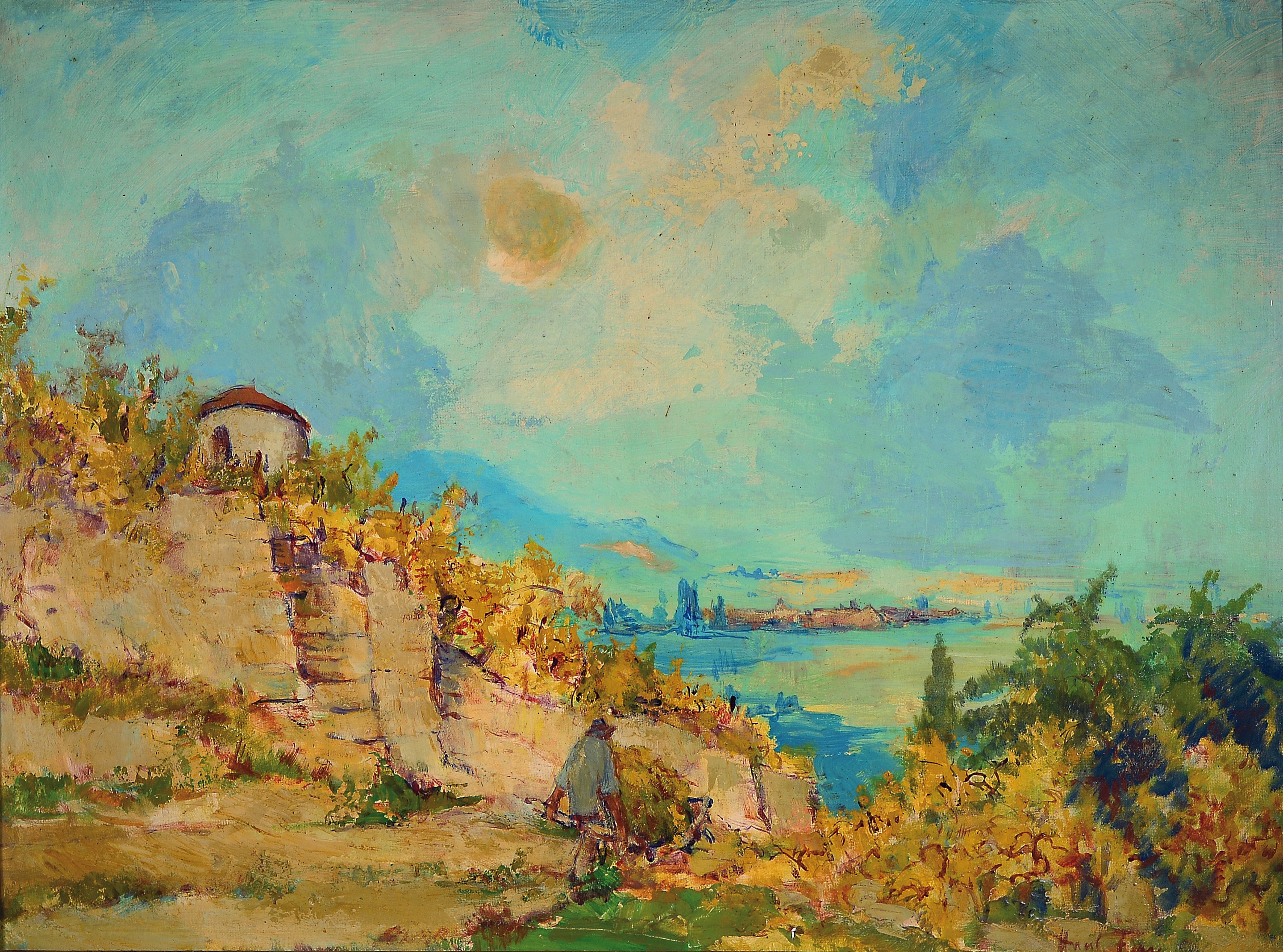 Hanns Fay, 1888 Frankenthal-1957 Neustadt, Blick entlang der Haardt in die Rheinebene, im Vordergrund Winzer mit Schubkarre, Öl/Hartfaser, rechts ...