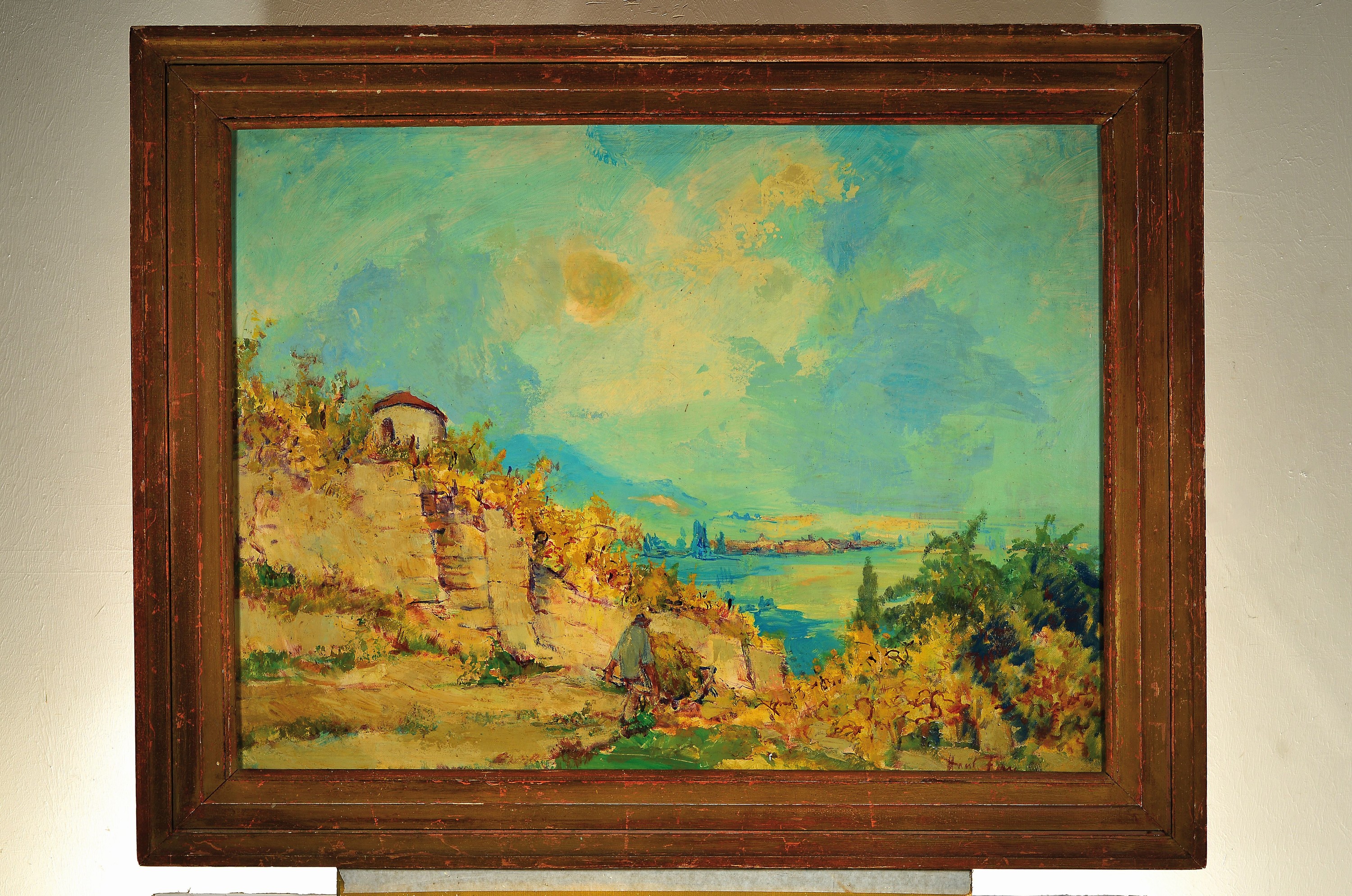 Detail k: Hanns Fay, 1888 Frankenthal-1957 Neustadt, Blick entlang der Haardt in die Rheinebene, im Vordergrund Winzer mit Schubkarre, Öl/Hartfaser, rechts ...