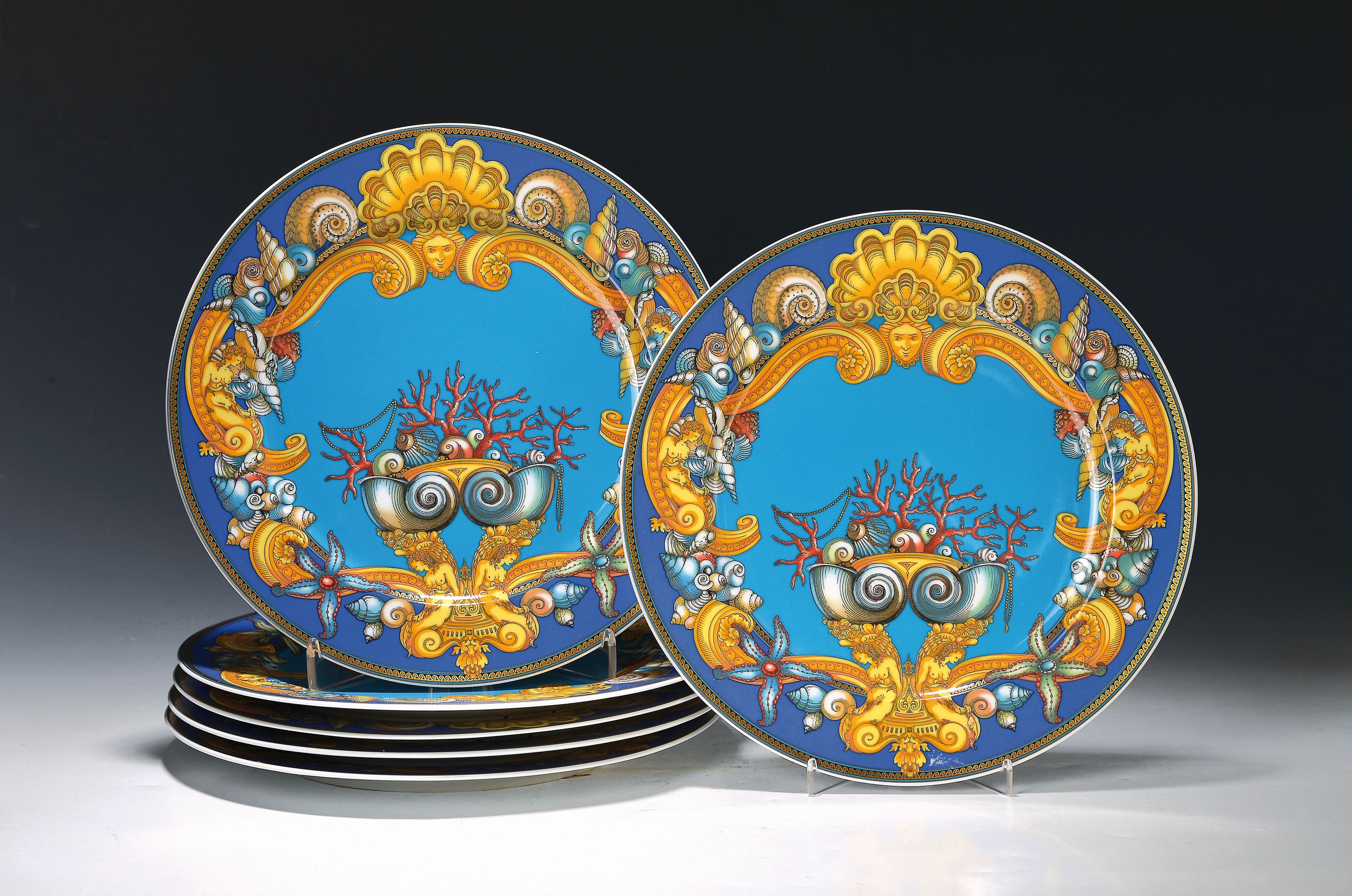 6 Platzteller, Rosenthal, Les Trésor la Mer, Entwurf Gianni Versace, Porzellan, D. ca. 31 cm