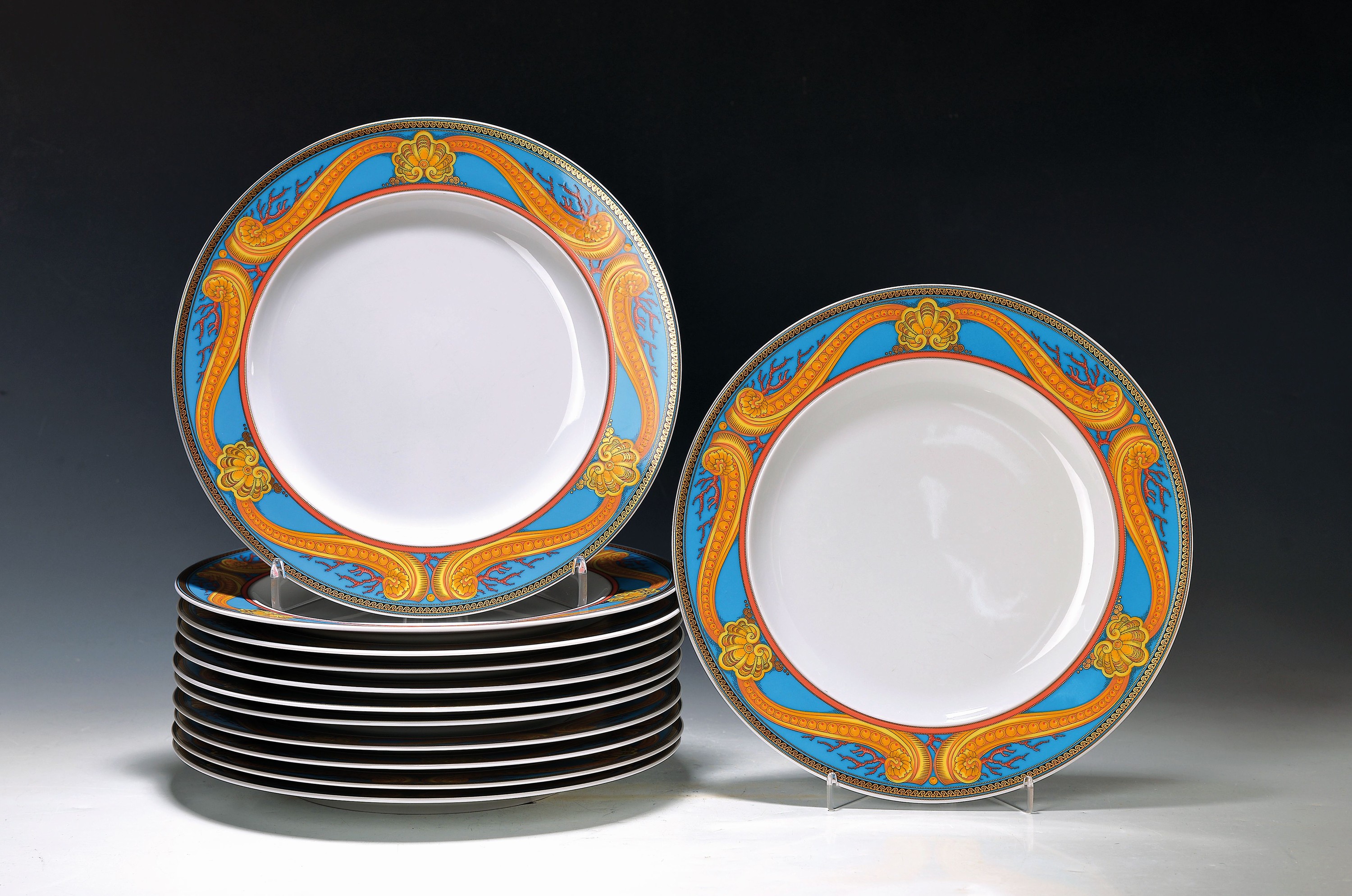 12 Menueteller, Rosenthal, Les Trésor la Mer, Entwurf Gianni Versace, Porzellan, D. ca. 27 cm