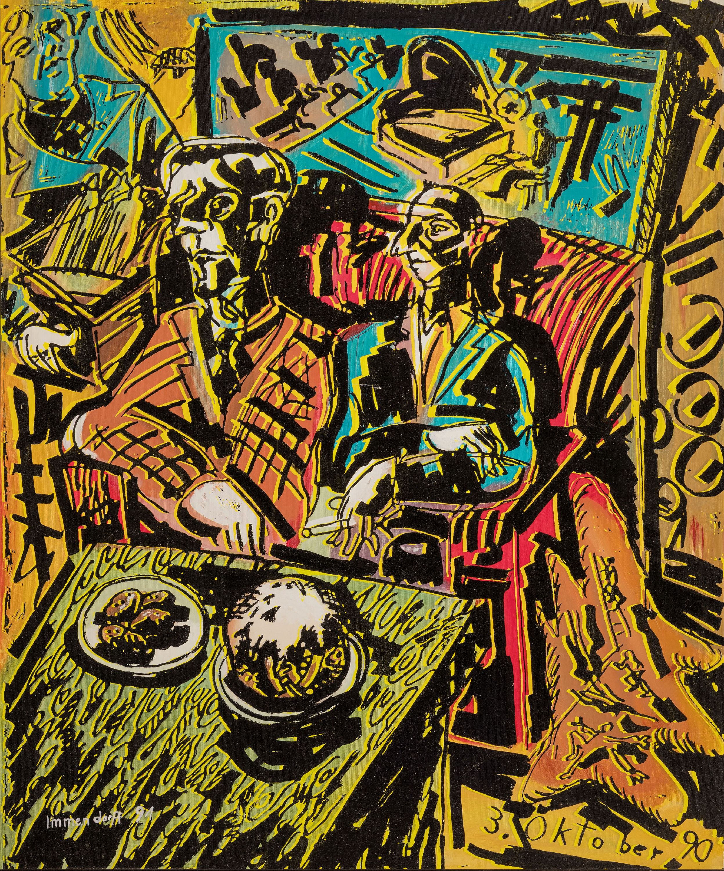 Jörg Immendorf, 1945 Bleckede - 2007 Düsseldorf, Studium an der Akademie Düsseldorfbei Joseph Beuys, hier: Linolschnitt , "8 .Oktoer 90" ...