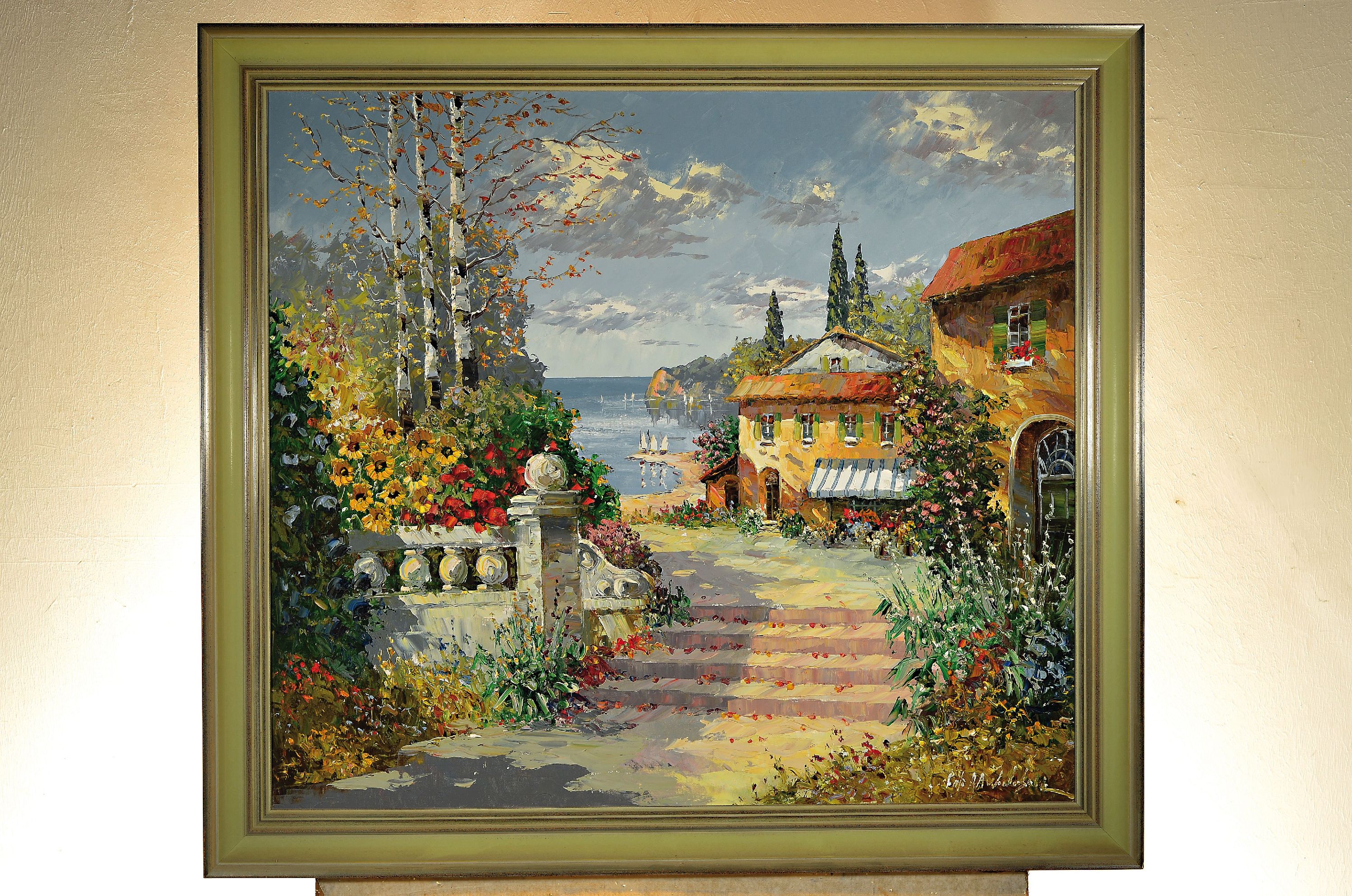 Detail k: Prof. August Alexander Wendehals, 1934-2003 Ossendorf, Blick auf eine südliche Terrasse an einem Seeufer, Öl/Lwd, rechts unten sign., ca. 80x90cm, ...