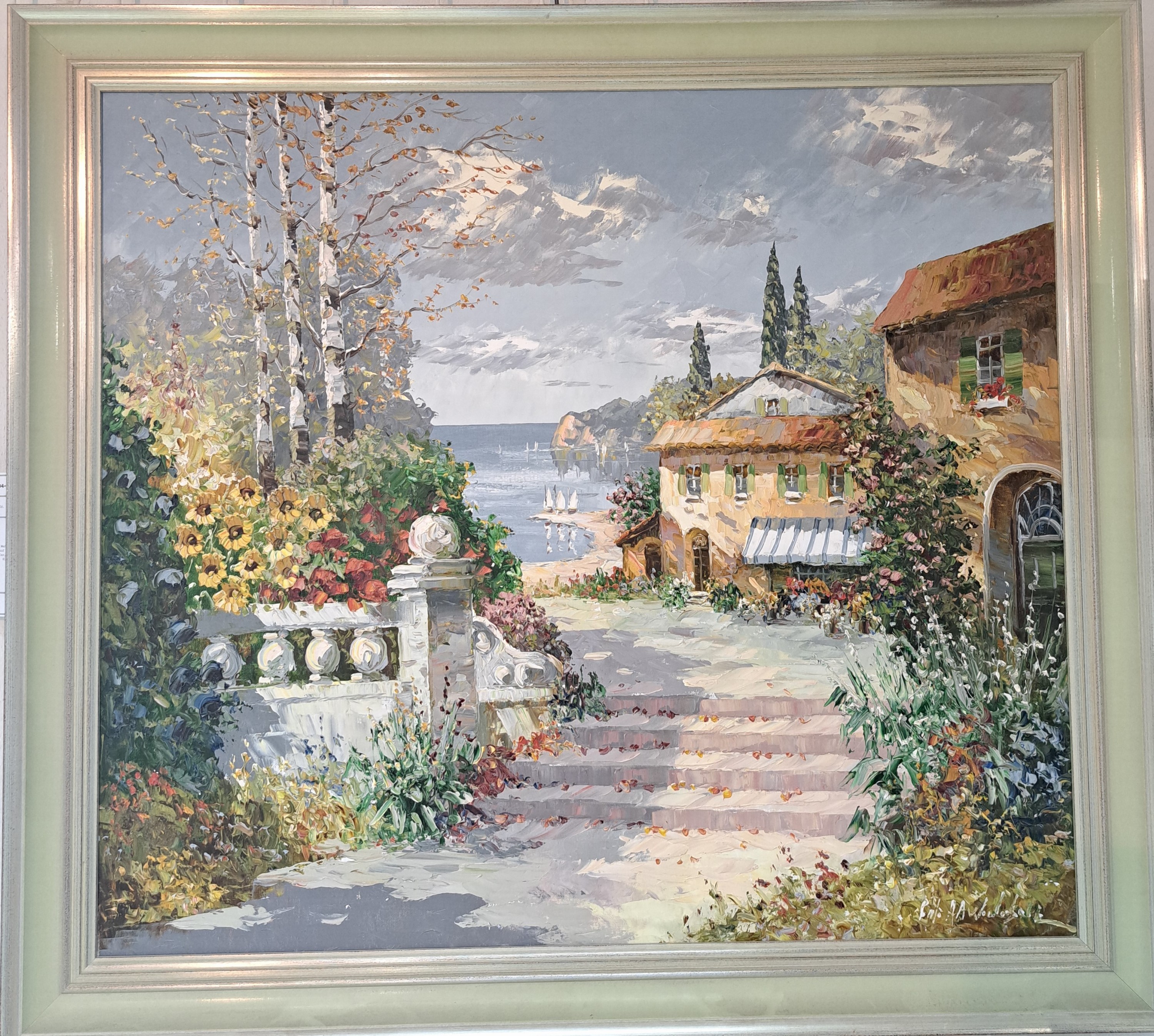 Detail l: Prof. August Alexander Wendehals, 1934-2003 Ossendorf, Blick auf eine südliche Terrasse an einem Seeufer, Öl/Lwd, rechts unten sign., ca. 80x90cm, ...