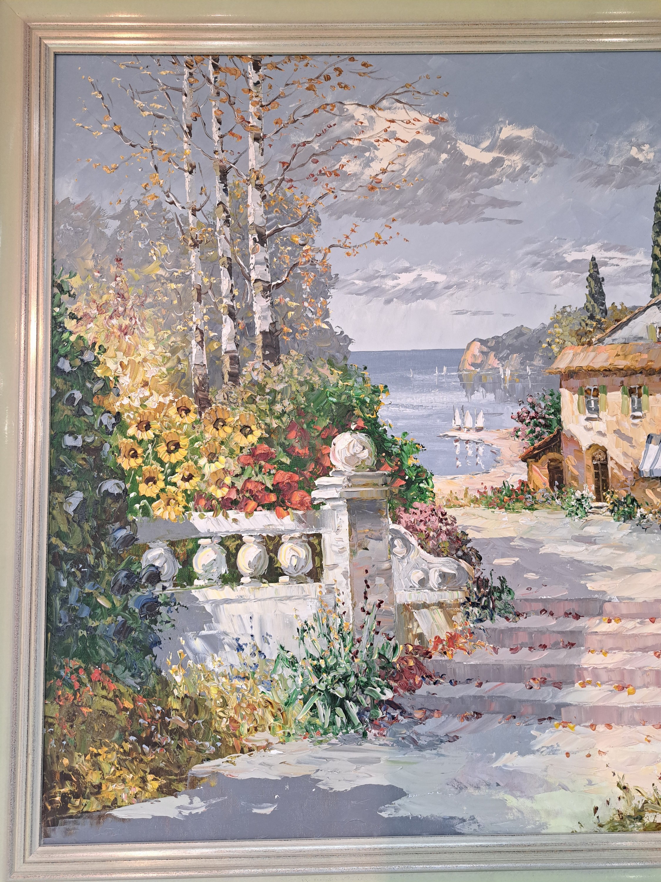 Detail m: Prof. August Alexander Wendehals, 1934-2003 Ossendorf, Blick auf eine südliche Terrasse an einem Seeufer, Öl/Lwd, rechts unten sign., ca. 80x90cm, ...