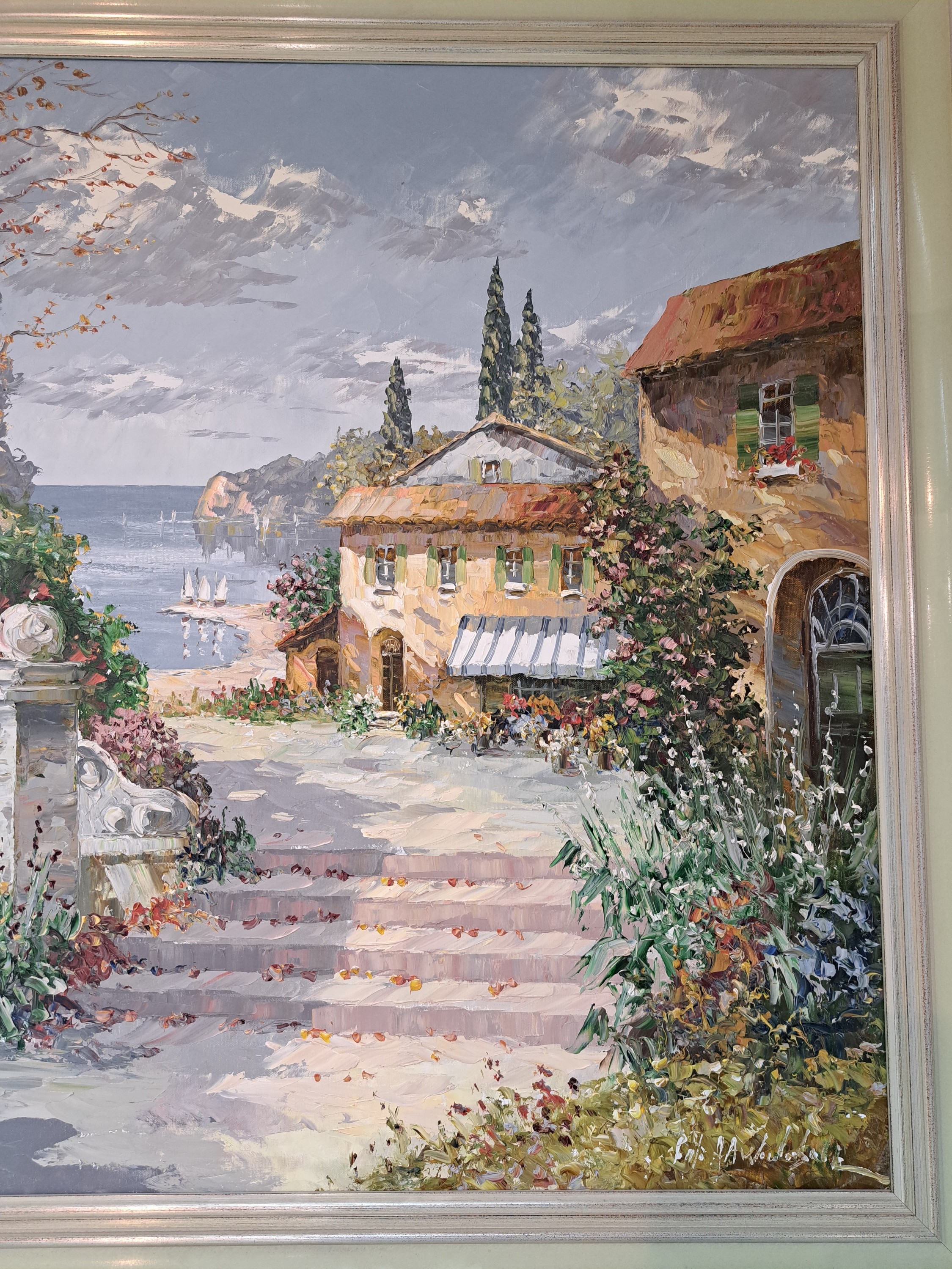 Detail n: Prof. August Alexander Wendehals, 1934-2003 Ossendorf, Blick auf eine südliche Terrasse an einem Seeufer, Öl/Lwd, rechts unten sign., ca. 80x90cm, ...
