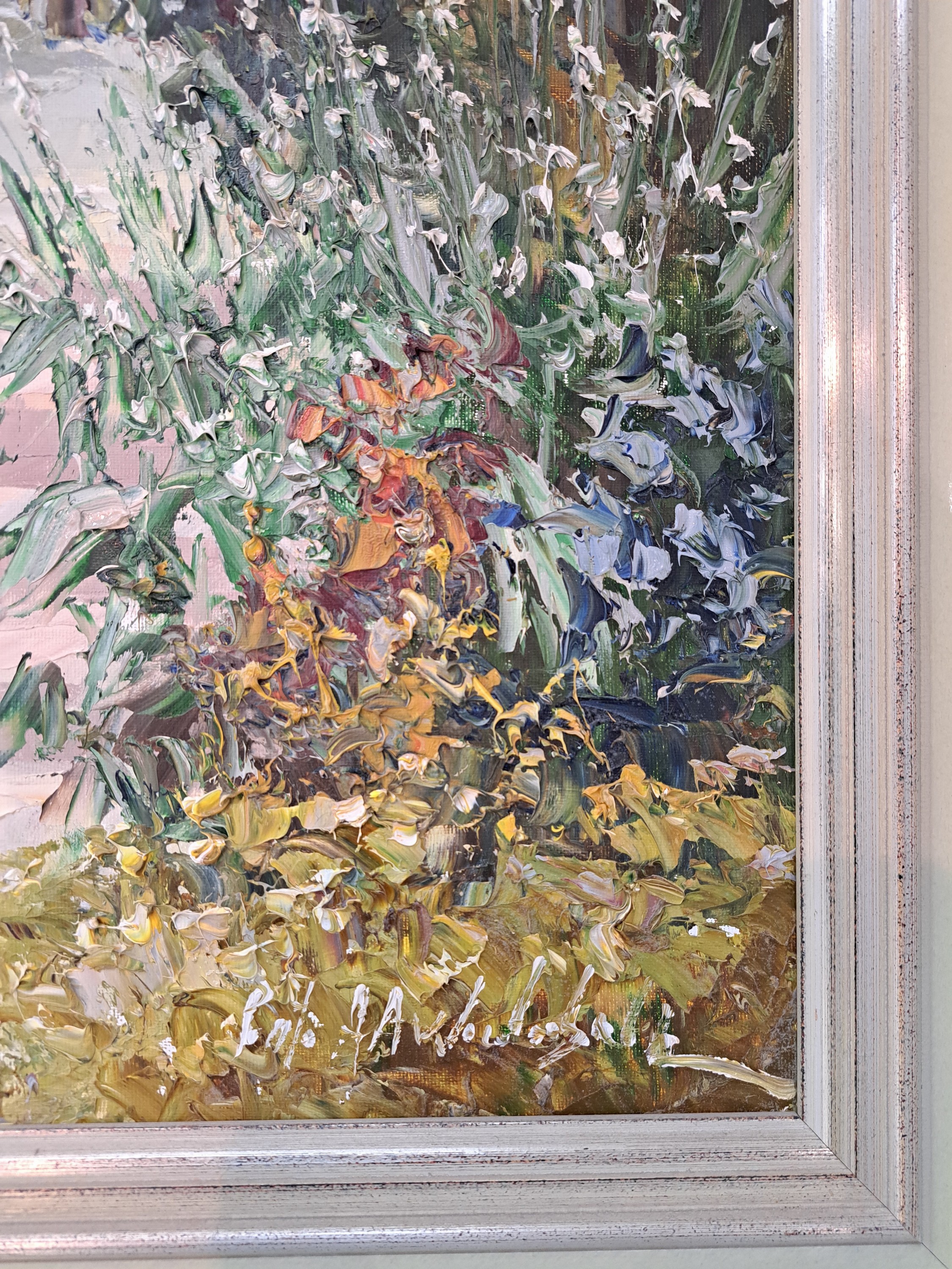 Detail o: Prof. August Alexander Wendehals, 1934-2003 Ossendorf, Blick auf eine südliche Terrasse an einem Seeufer, Öl/Lwd, rechts unten sign., ca. 80x90cm, ...