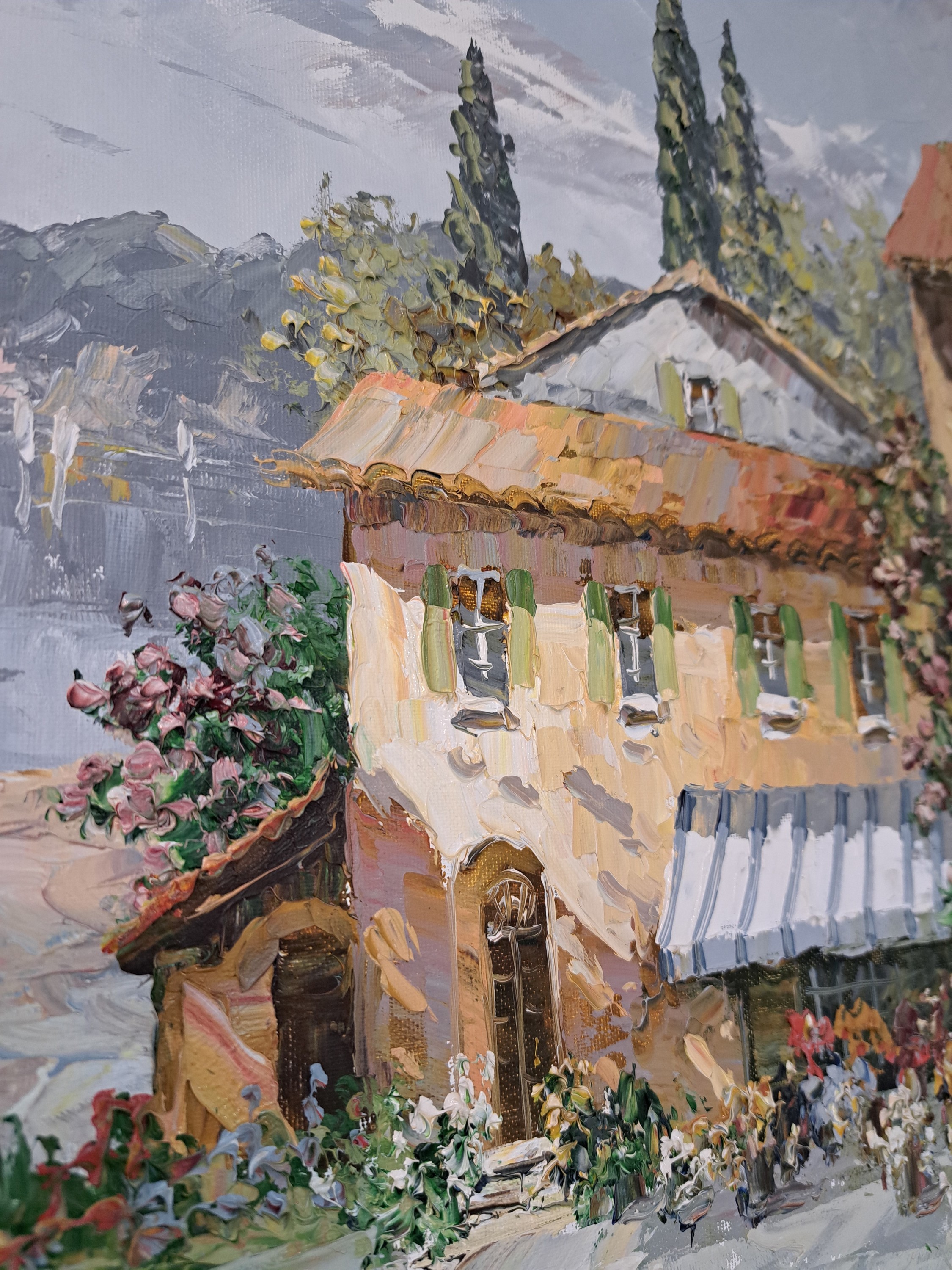 Detail r: Prof. August Alexander Wendehals, 1934-2003 Ossendorf, Blick auf eine südliche Terrasse an einem Seeufer, Öl/Lwd, rechts unten sign., ca. 80x90cm, ...
