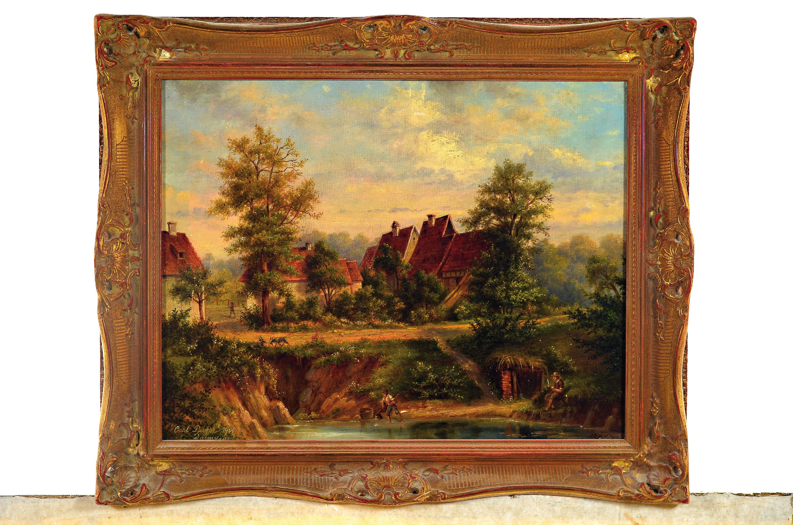 Detail k: Carl Beyer, 1826-1903 Darmstadt, An der Ziegelhütte, so rückseitig betitelt, ein rastender und ein Wasser schöpfender Mann am Fluss, im ...