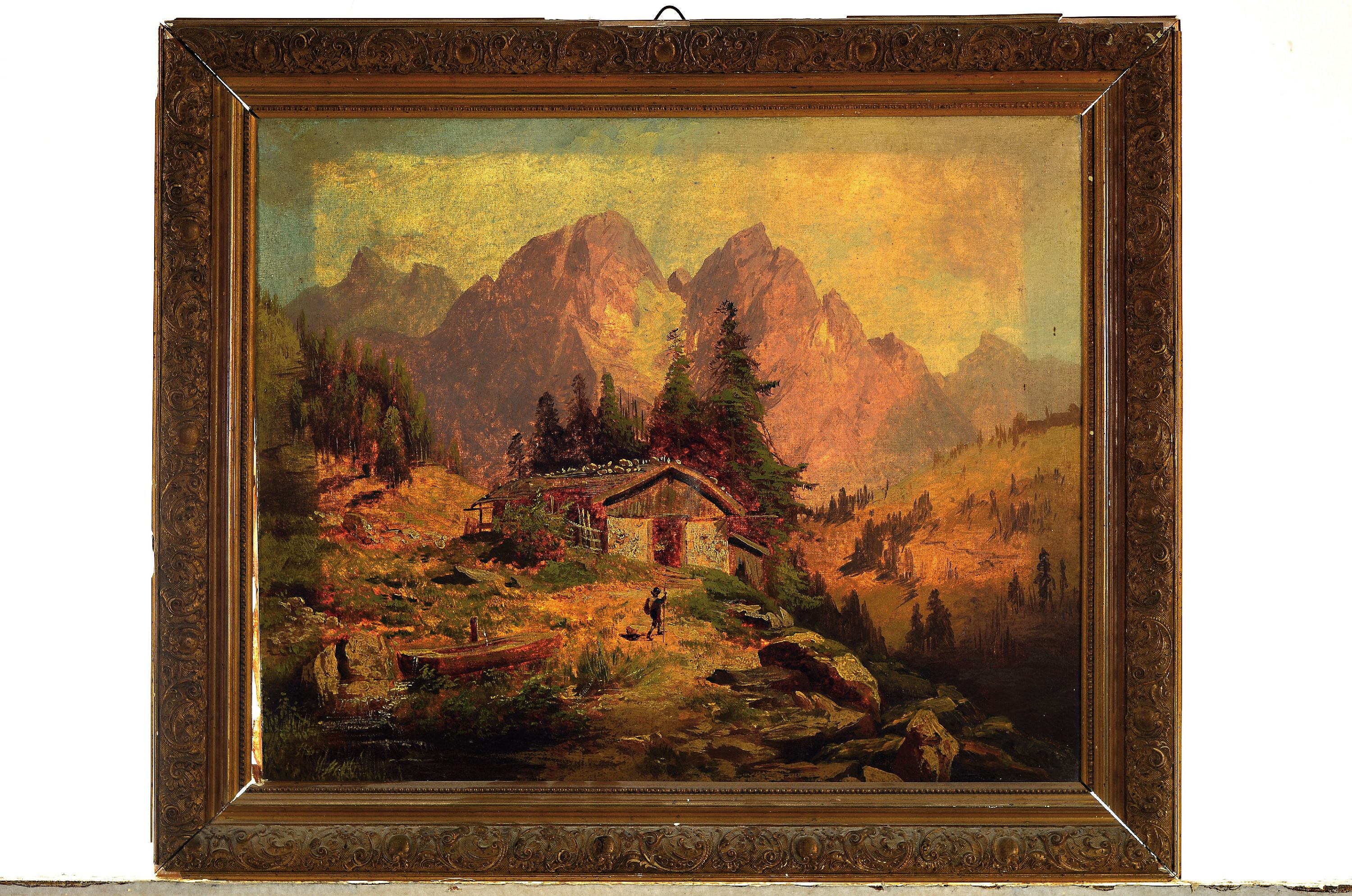 Detail k: Unbekannter Künstler, deutsch, um 1900, Wander auf dem Weg zu Hütte in alpiner Landschaft, Öl/Lwd, unsigniert, qualitätvolle lasierende Malerei ...