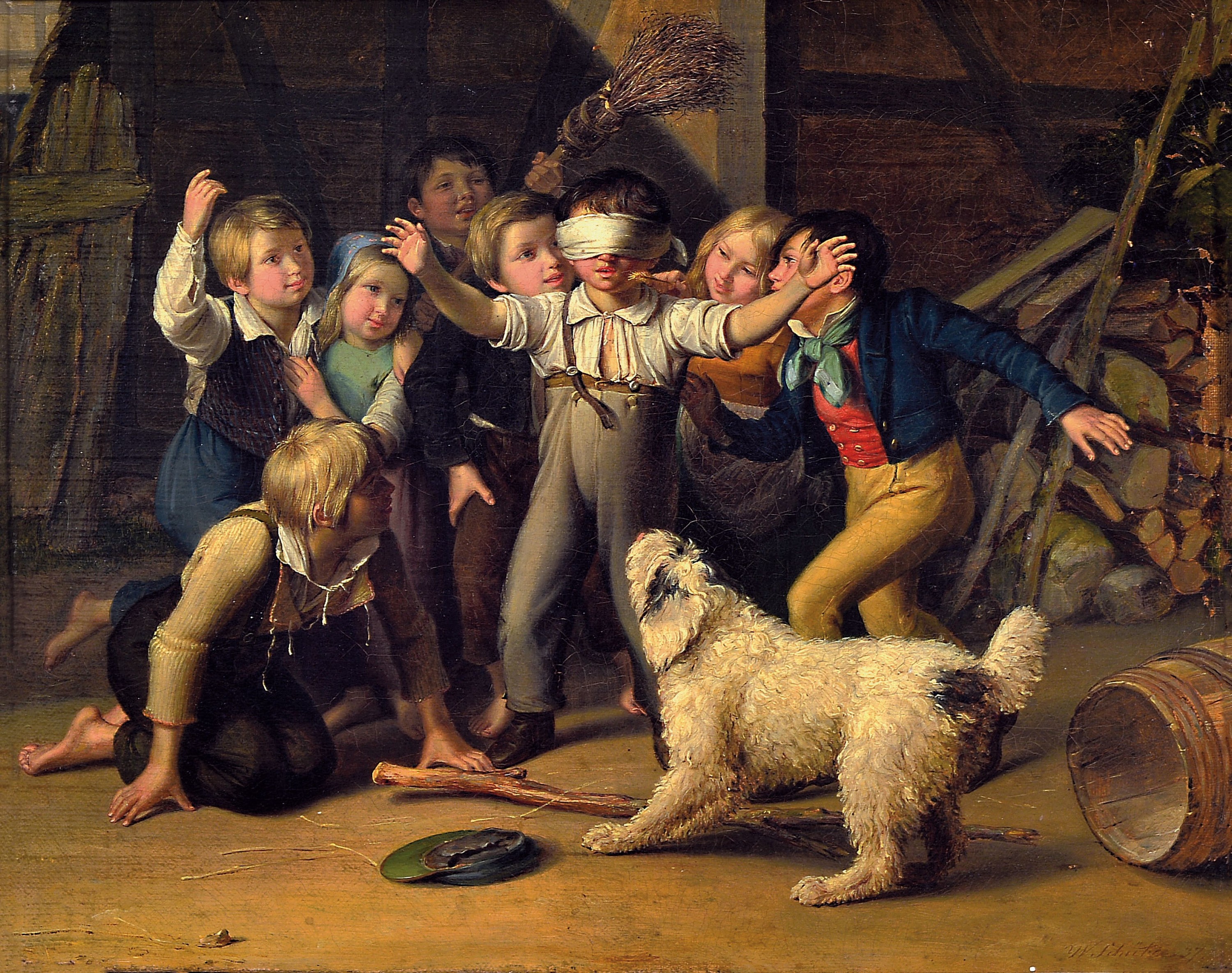 Wilhelm Johann Schütze, 1814-1878 Berlin, acht Kinder und ein Hund spielen Blinde Kuh, feine detailreiche Malerei, Öl/Lwd, rest., doubl., rechts ...