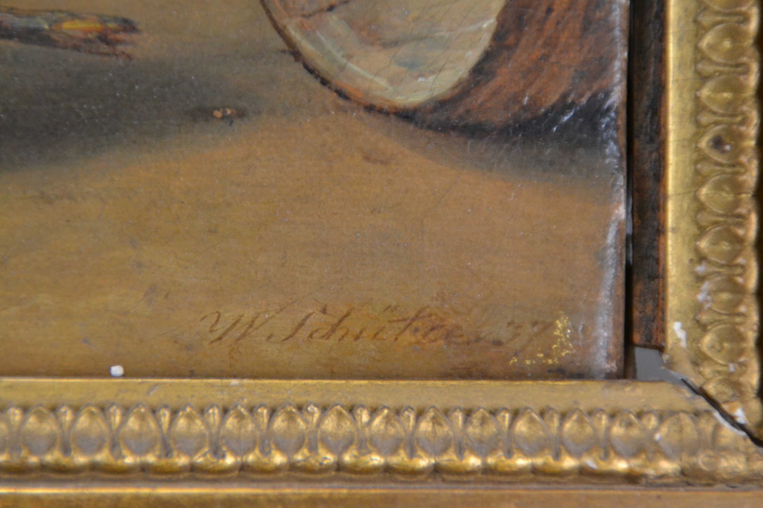 Detail a: Wilhelm Johann Schütze, 1814-1878 Berlin, acht Kinder und ein Hund spielen Blinde Kuh, feine detailreiche Malerei, Öl/Lwd, rest., doubl., rechts ...