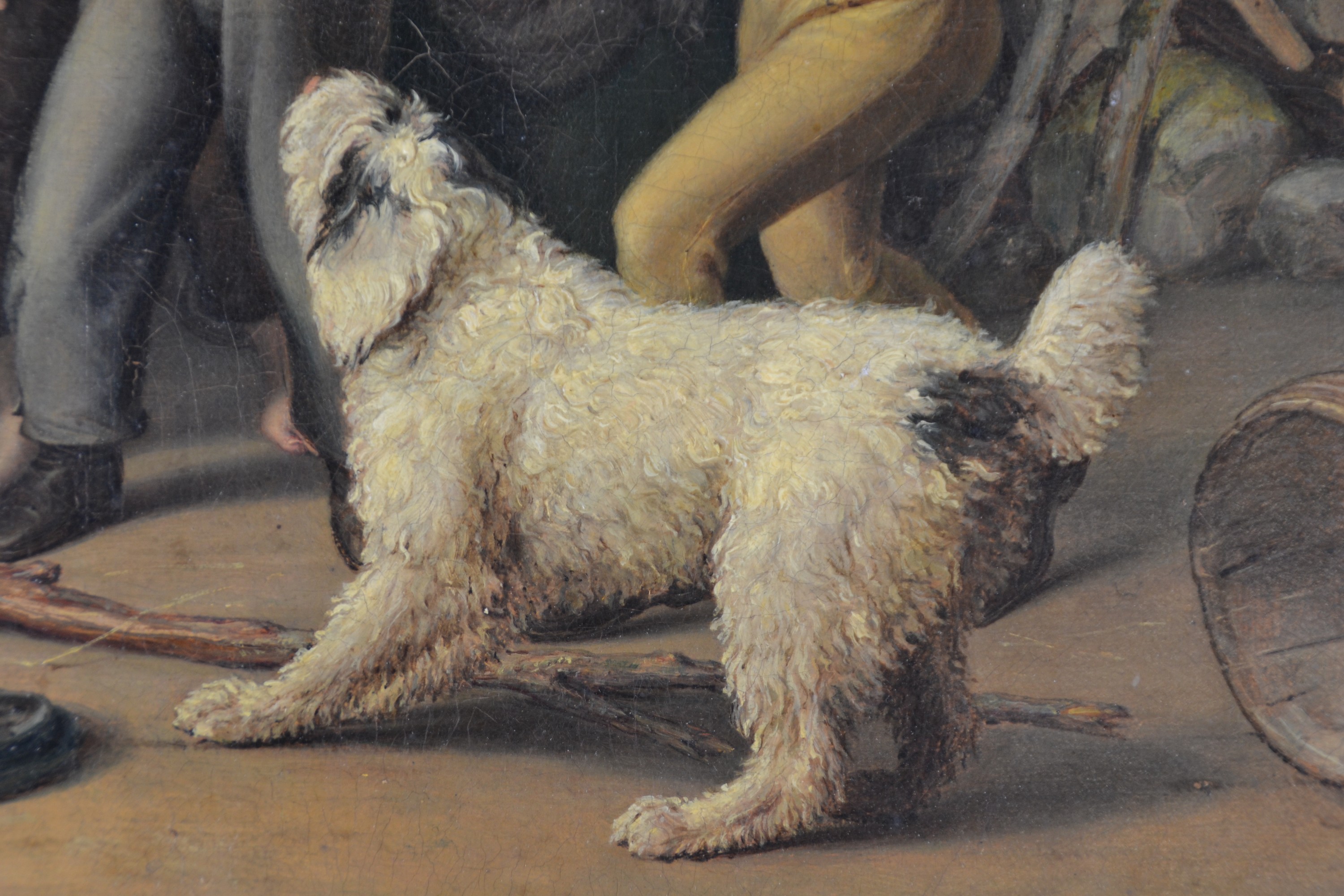 Detail c: Wilhelm Johann Schütze, 1814-1878 Berlin, acht Kinder und ein Hund spielen Blinde Kuh, feine detailreiche Malerei, Öl/Lwd, rest., doubl., rechts ...