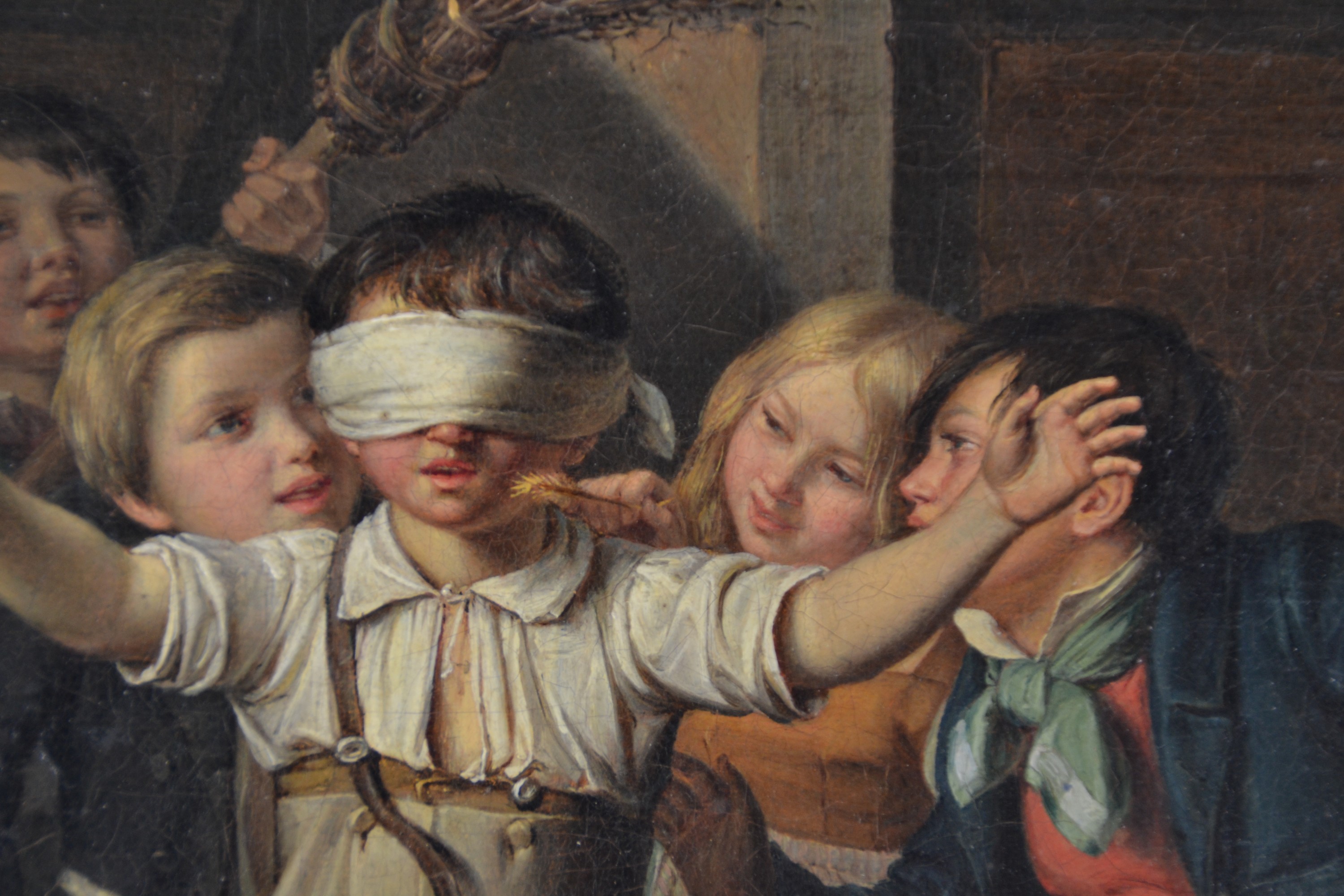 Detail d: Wilhelm Johann Schütze, 1814-1878 Berlin, acht Kinder und ein Hund spielen Blinde Kuh, feine detailreiche Malerei, Öl/Lwd, rest., doubl., rechts ...