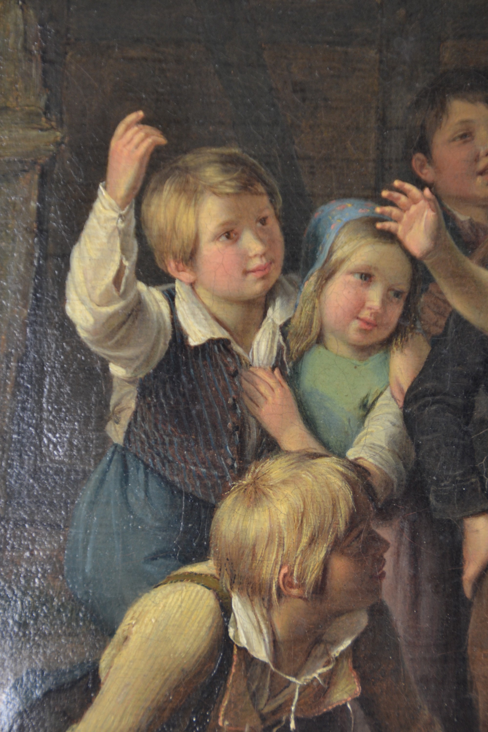 Detail e: Wilhelm Johann Schütze, 1814-1878 Berlin, acht Kinder und ein Hund spielen Blinde Kuh, feine detailreiche Malerei, Öl/Lwd, rest., doubl., rechts ...