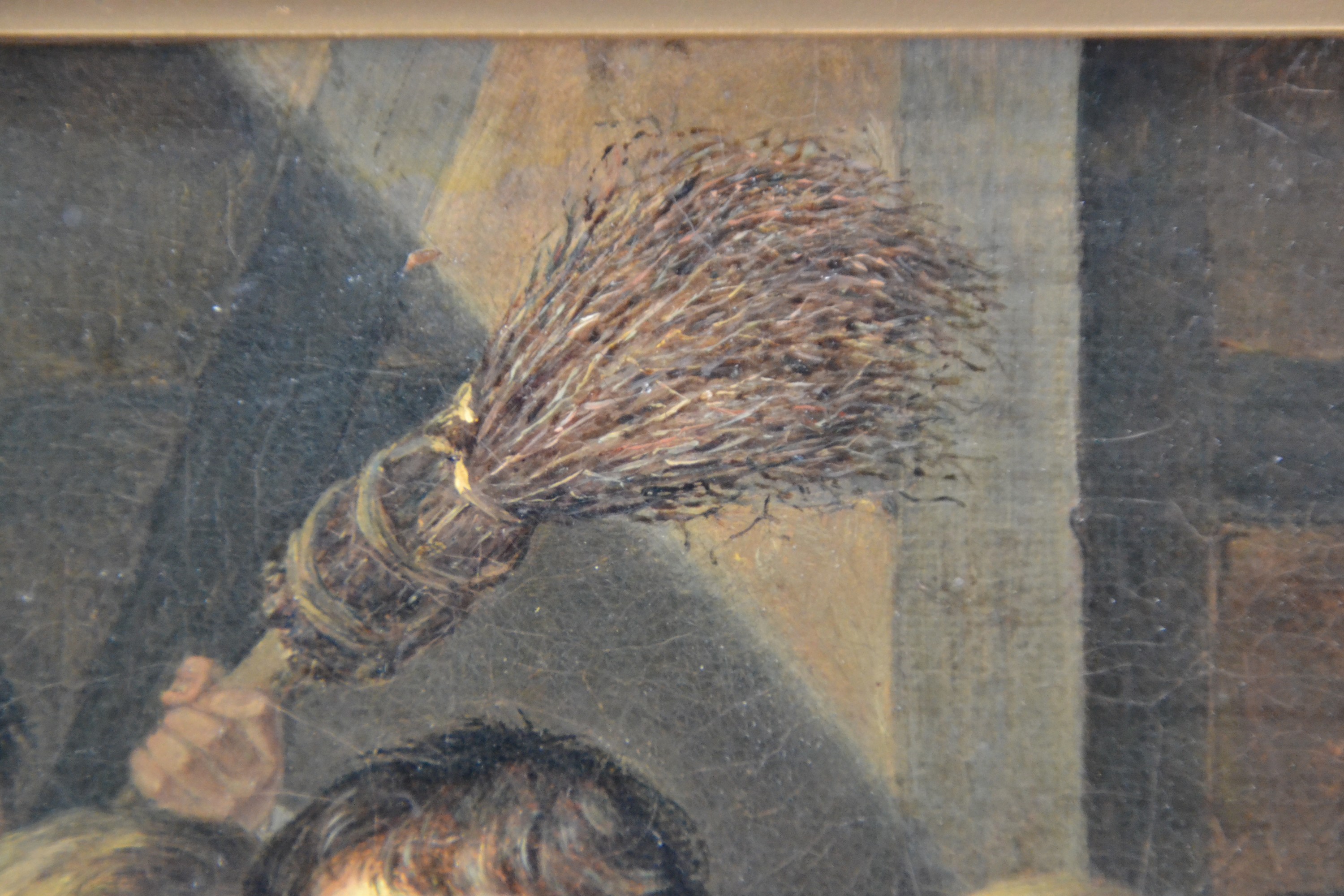 Detail f: Wilhelm Johann Schütze, 1814-1878 Berlin, acht Kinder und ein Hund spielen Blinde Kuh, feine detailreiche Malerei, Öl/Lwd, rest., doubl., rechts ...
