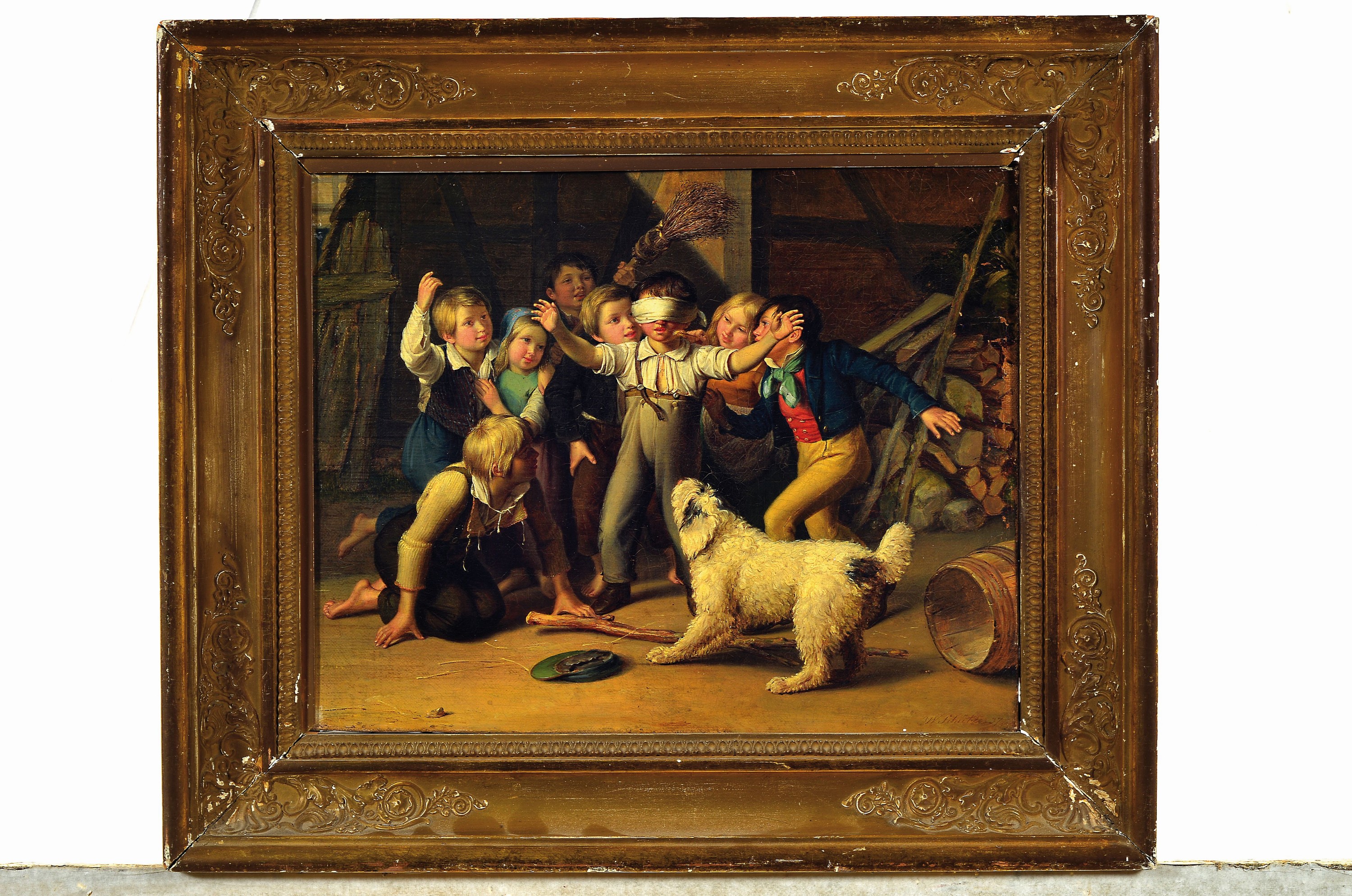 Detail k: Wilhelm Johann Schütze, 1814-1878 Berlin, acht Kinder und ein Hund spielen Blinde Kuh, feine detailreiche Malerei, Öl/Lwd, rest., doubl., rechts ...