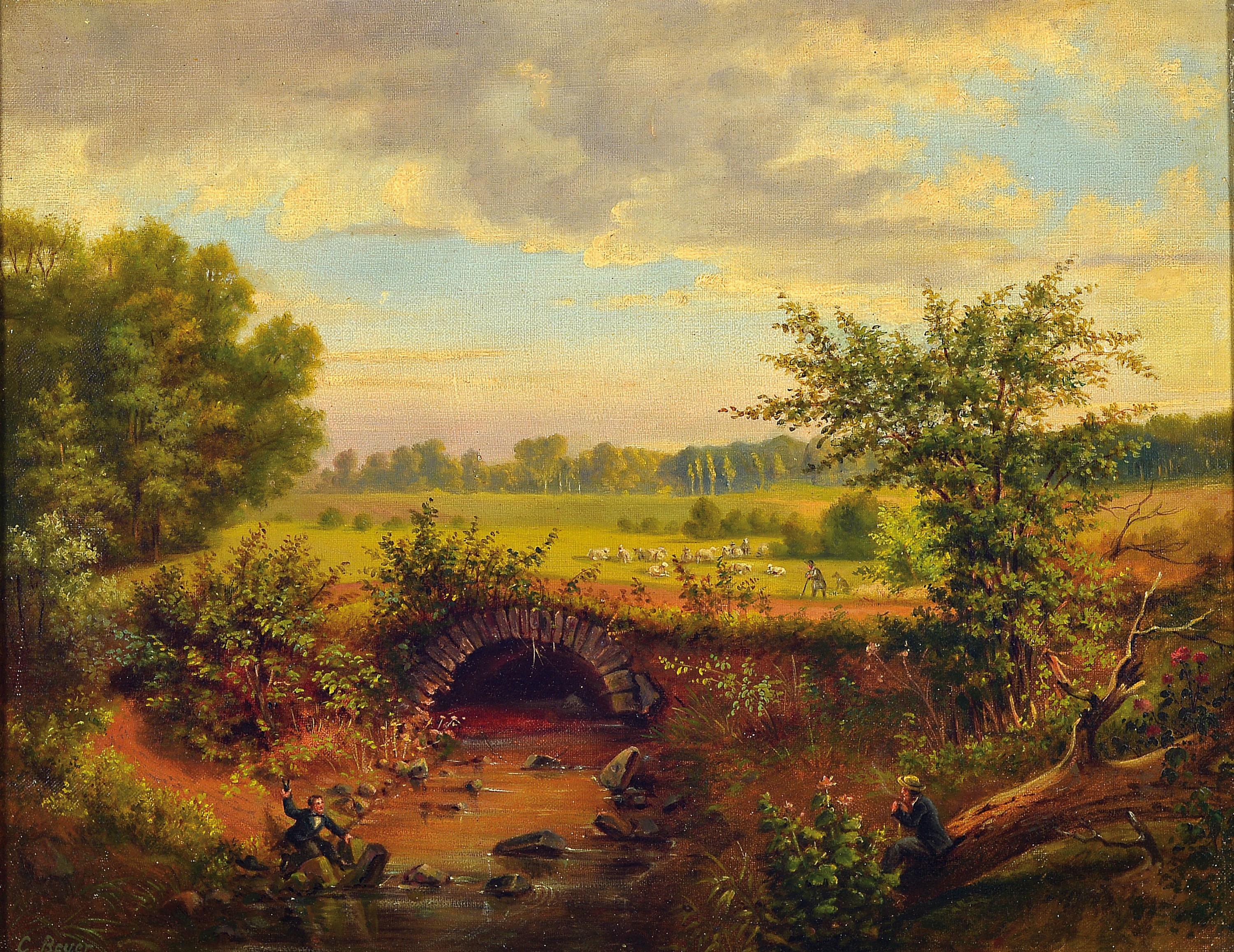 Carl Beyer, 1826-1903 Darmstadt, norddeutsche Landschaft mit zwei Wanderern, links unten signiert C. Beyer, Öl/Lwd, 38x48 cm, Rahmen 48x58 cm