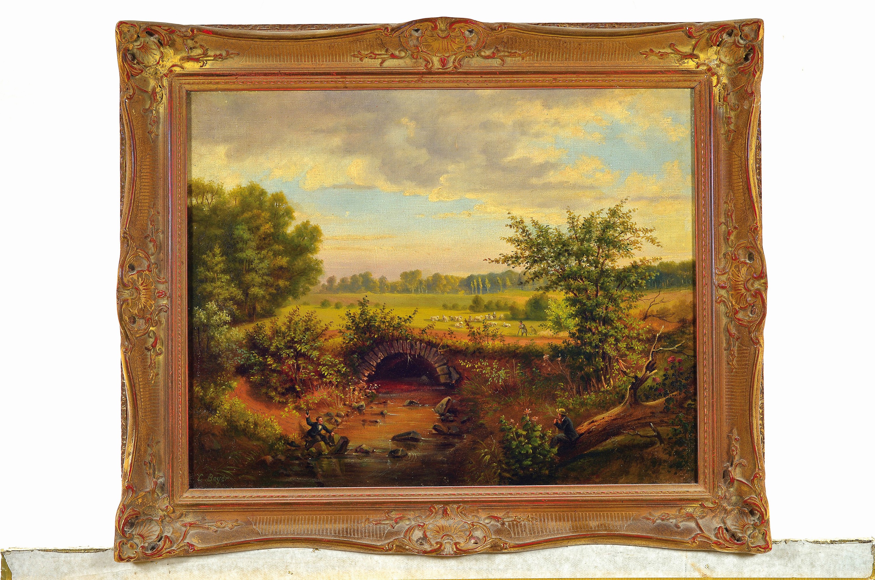 Detail k: Carl Beyer, 1826-1903 Darmstadt, norddeutsche Landschaft mit zwei Wanderern, links unten signiert C. Beyer, Öl/Lwd, 38x48 cm, Rahmen 48x58 cm