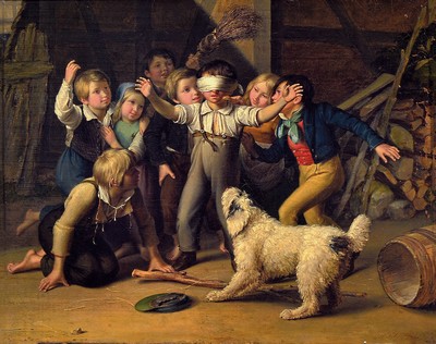 Image Wilhelm Johann Schütze, 1814-1878 Berlin, acht Kinder und ein Hund spielen Blinde ...
