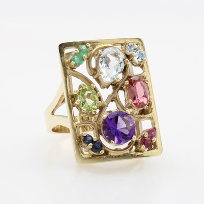 Image Ring mit Farbsteinen, GG 585/000, recht- eckiger Ringkopf bes. m. Rubinen, Saphiren, ...