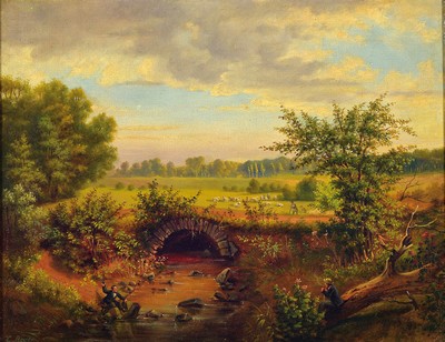 Image Carl Beyer, 1826-1903 Darmstadt, norddeutsche Landschaft mit zwei Wanderern, links unten ...
