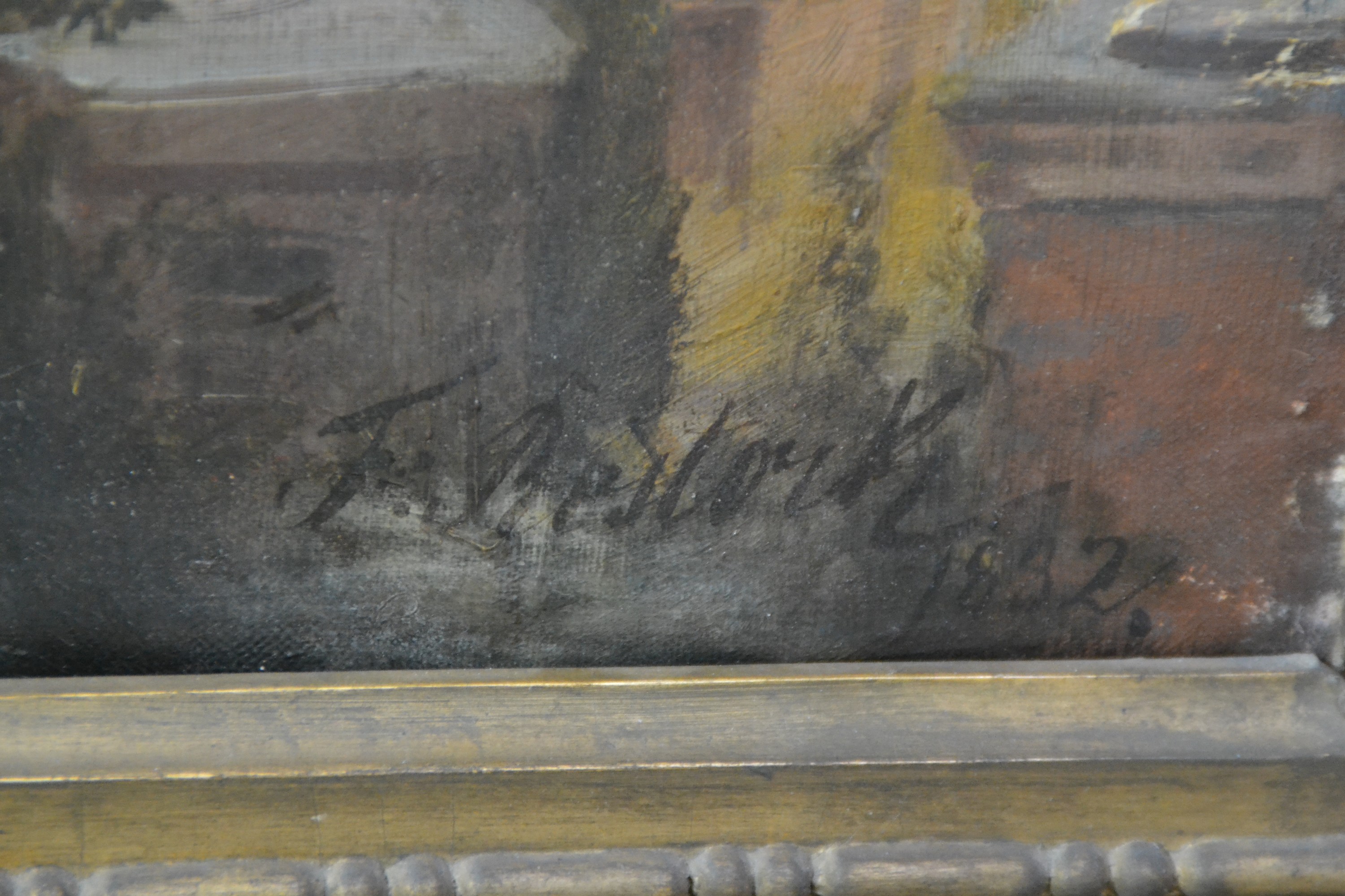 Detail a: F. Rostock, ungedeuteter Künstler des 19.Jh. , "Unter Oliven (Napoli)", so auf Keilrahmenbez., Olivenhain mit Blick über den Golf von ...