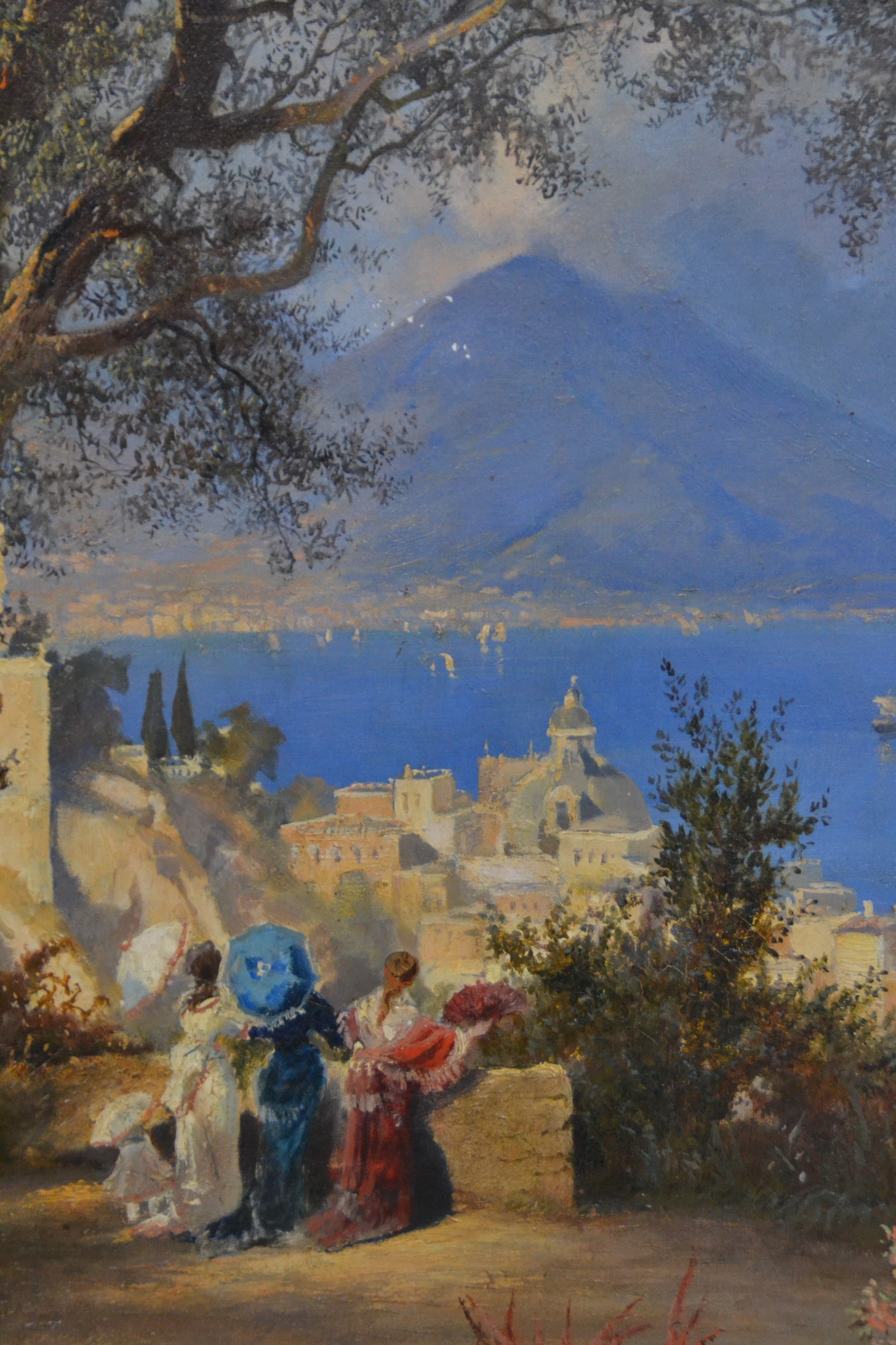Detail b: F. Rostock, ungedeuteter Künstler des 19.Jh. , "Unter Oliven (Napoli)", so auf Keilrahmenbez., Olivenhain mit Blick über den Golf von ...