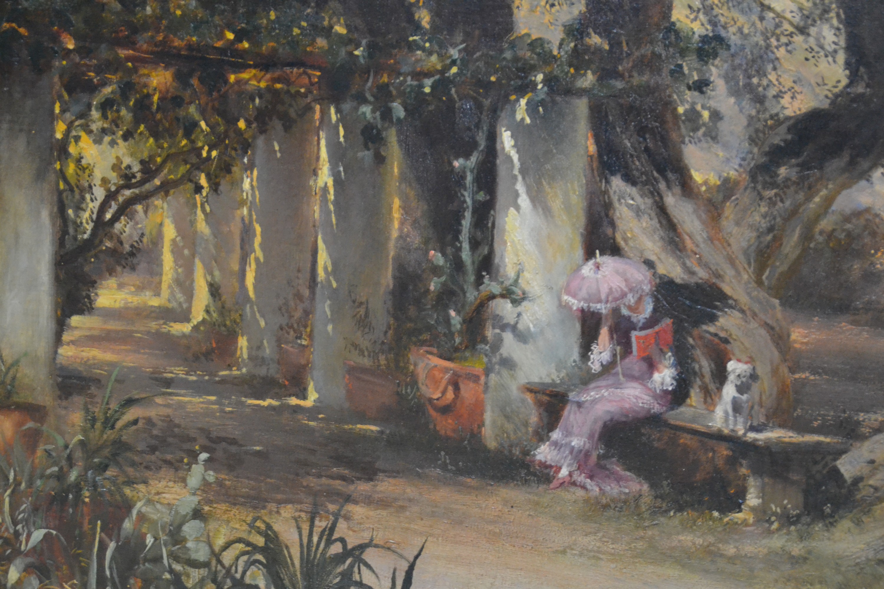 Detail c: F. Rostock, ungedeuteter Künstler des 19.Jh. , "Unter Oliven (Napoli)", so auf Keilrahmenbez., Olivenhain mit Blick über den Golf von ...
