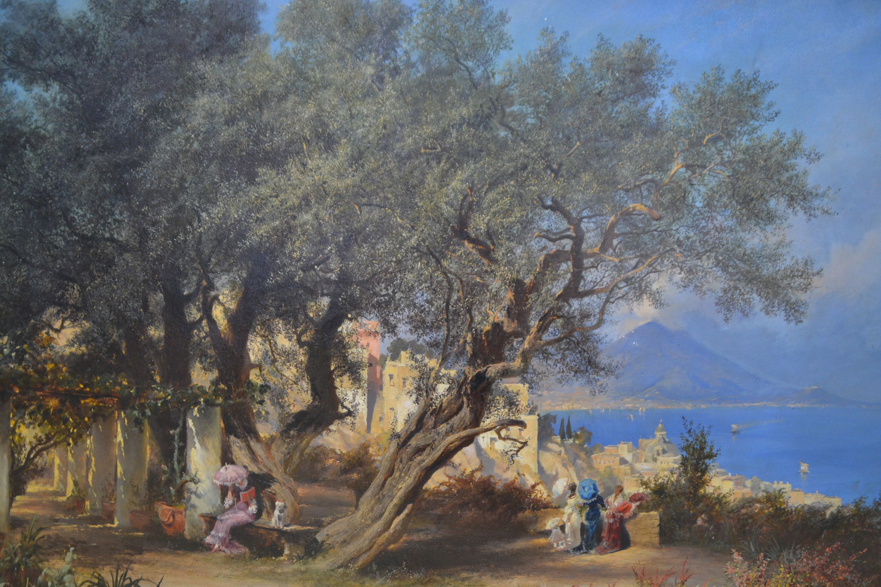 Detail d: F. Rostock, ungedeuteter Künstler des 19.Jh. , "Unter Oliven (Napoli)", so auf Keilrahmenbez., Olivenhain mit Blick über den Golf von ...