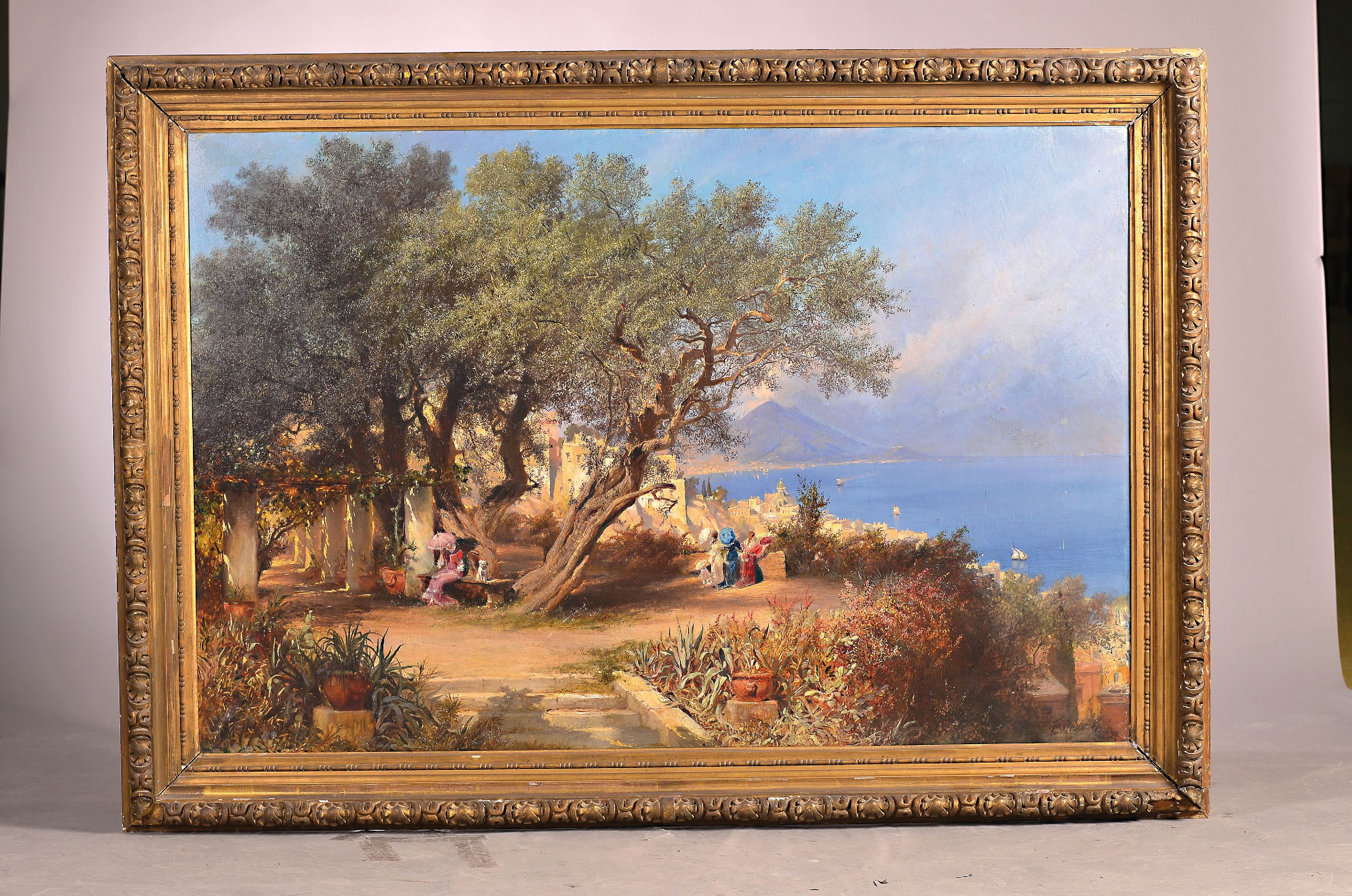 Detail k: F. Rostock, ungedeuteter Künstler des 19.Jh. , "Unter Oliven (Napoli)", so auf Keilrahmenbez., Olivenhain mit Blick über den Golf von ...