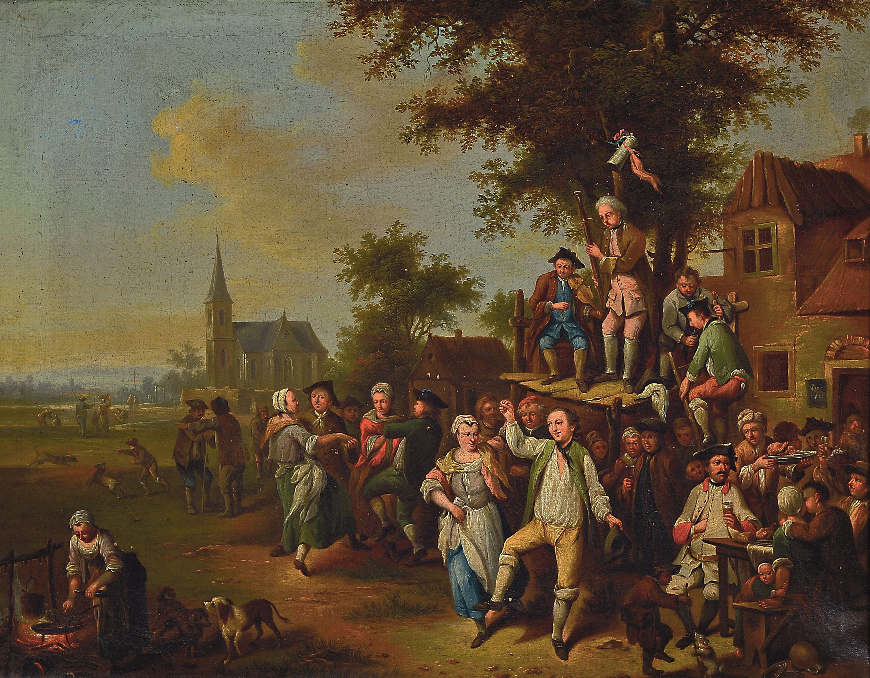 Zuschreibung: Johann Conrad Seekatz, 1719 Grünstadt/Pfalz-1768 Darmstadt, "Dorfkirchweih", Landschaft sowie tanzende, musizierende und ...